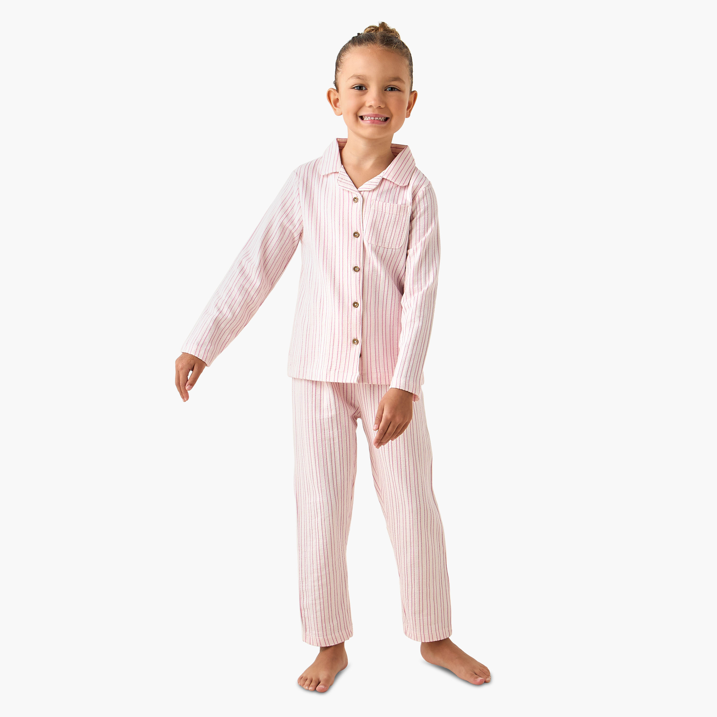 Juniors Cotton Collared Long Sleeves Pyjama Set with Stripes-baby-girls-clothing-nightwear-pyjamasets-image-1