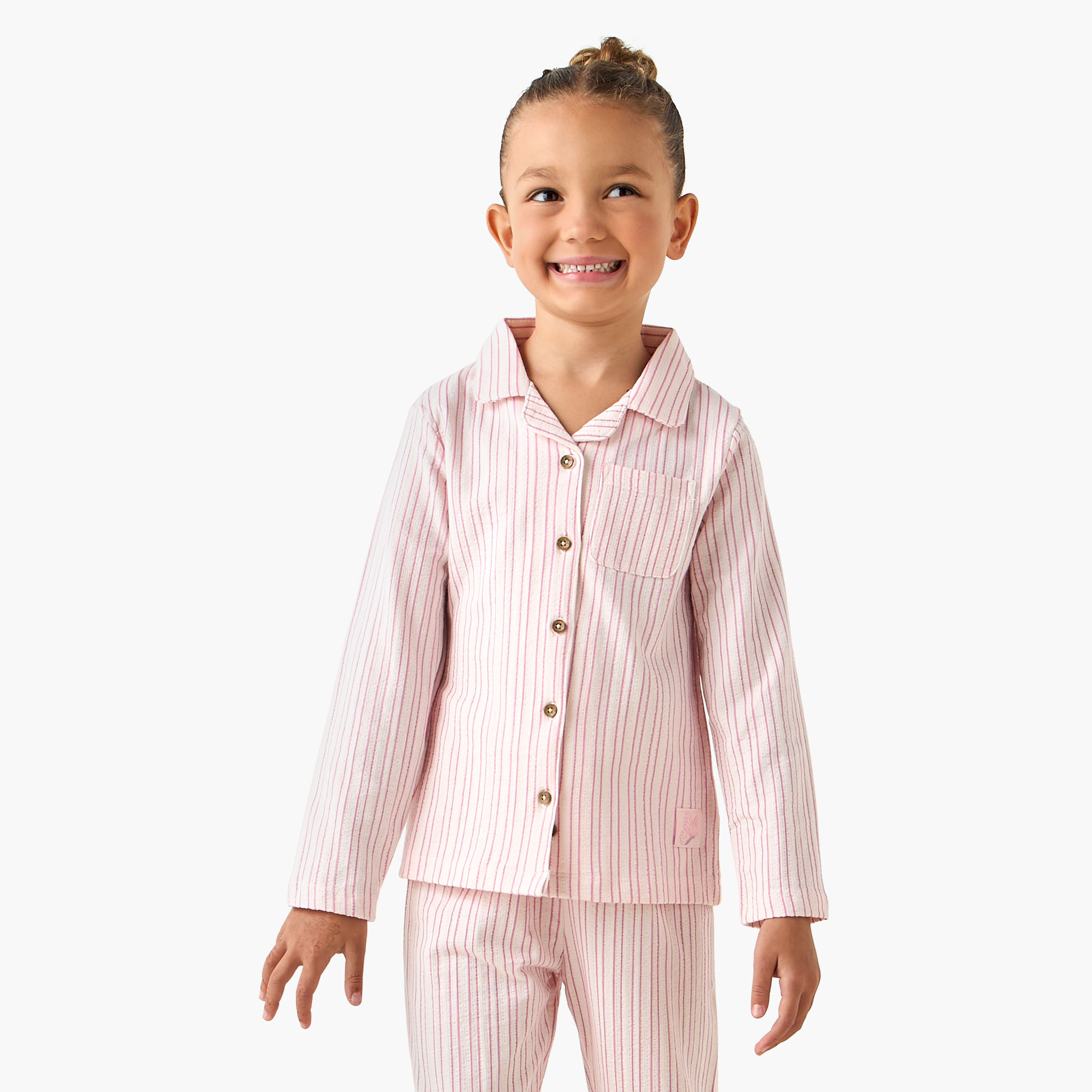 Juniors Cotton Collared Long Sleeves Pyjama Set with Stripes-baby-girls-clothing-nightwear-pyjamasets-image-2