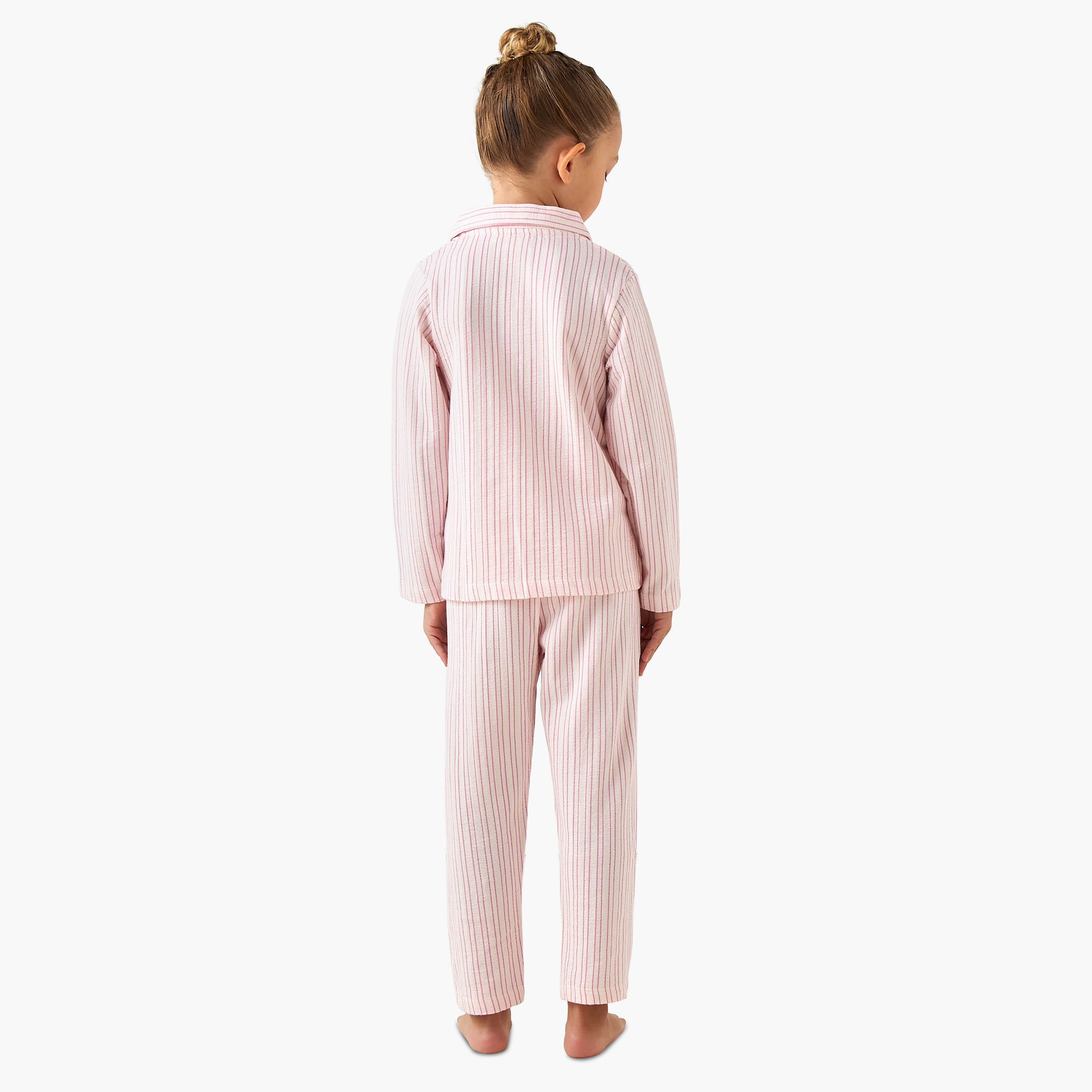 Juniors Cotton Collared Long Sleeves Pyjama Set with Stripes-baby-girls-clothing-nightwear-pyjamasets-image-4