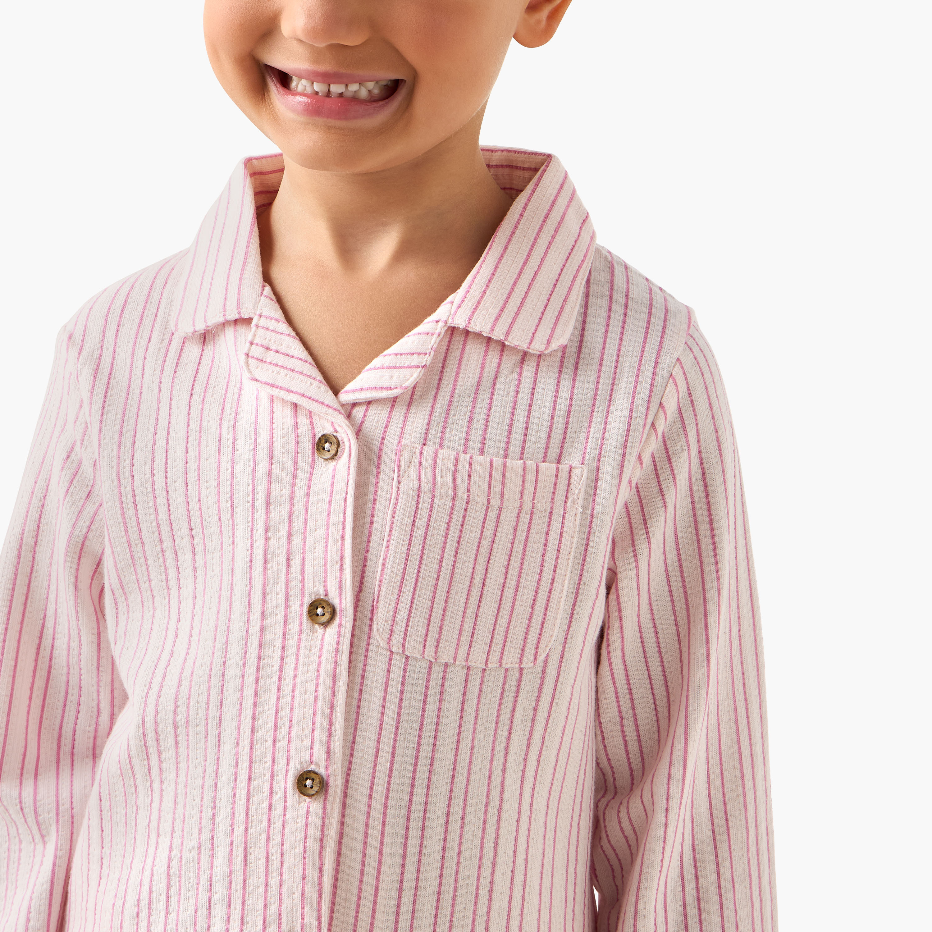 Juniors Cotton Collared Long Sleeves Pyjama Set with Stripes-baby-girls-clothing-nightwear-pyjamasets-image-5