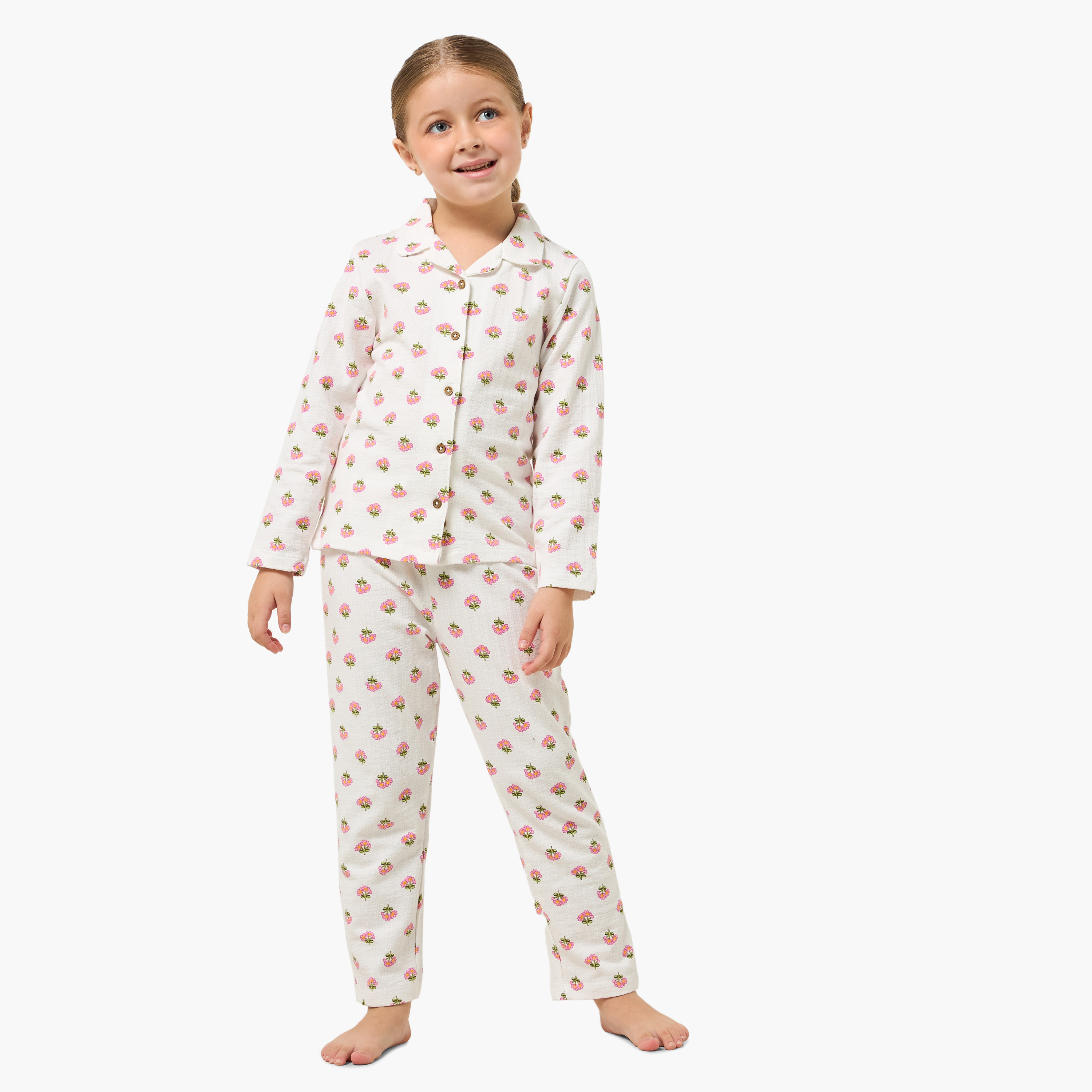 Juniors Cotton Collared Long Sleeves Pyjama Set with Floral Print-baby-girls-clothing-nightwear-pyjamasets-image-1
