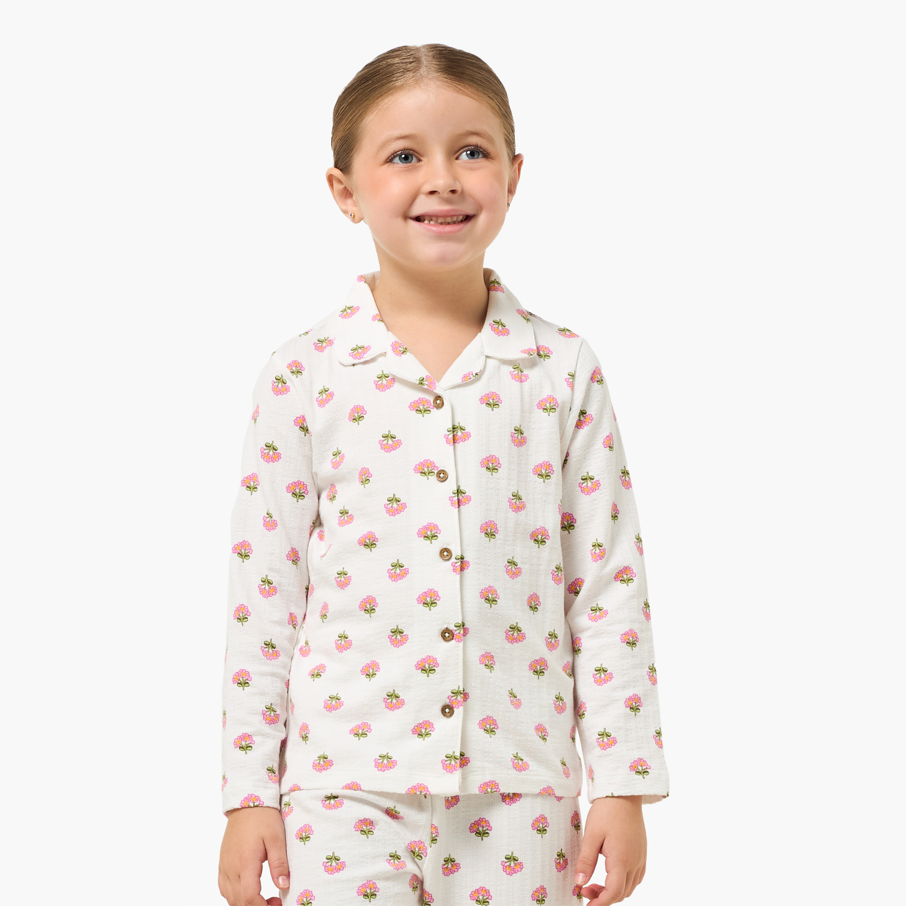 Juniors Cotton Collared Long Sleeves Pyjama Set with Floral Print-baby-girls-clothing-nightwear-pyjamasets-image-2