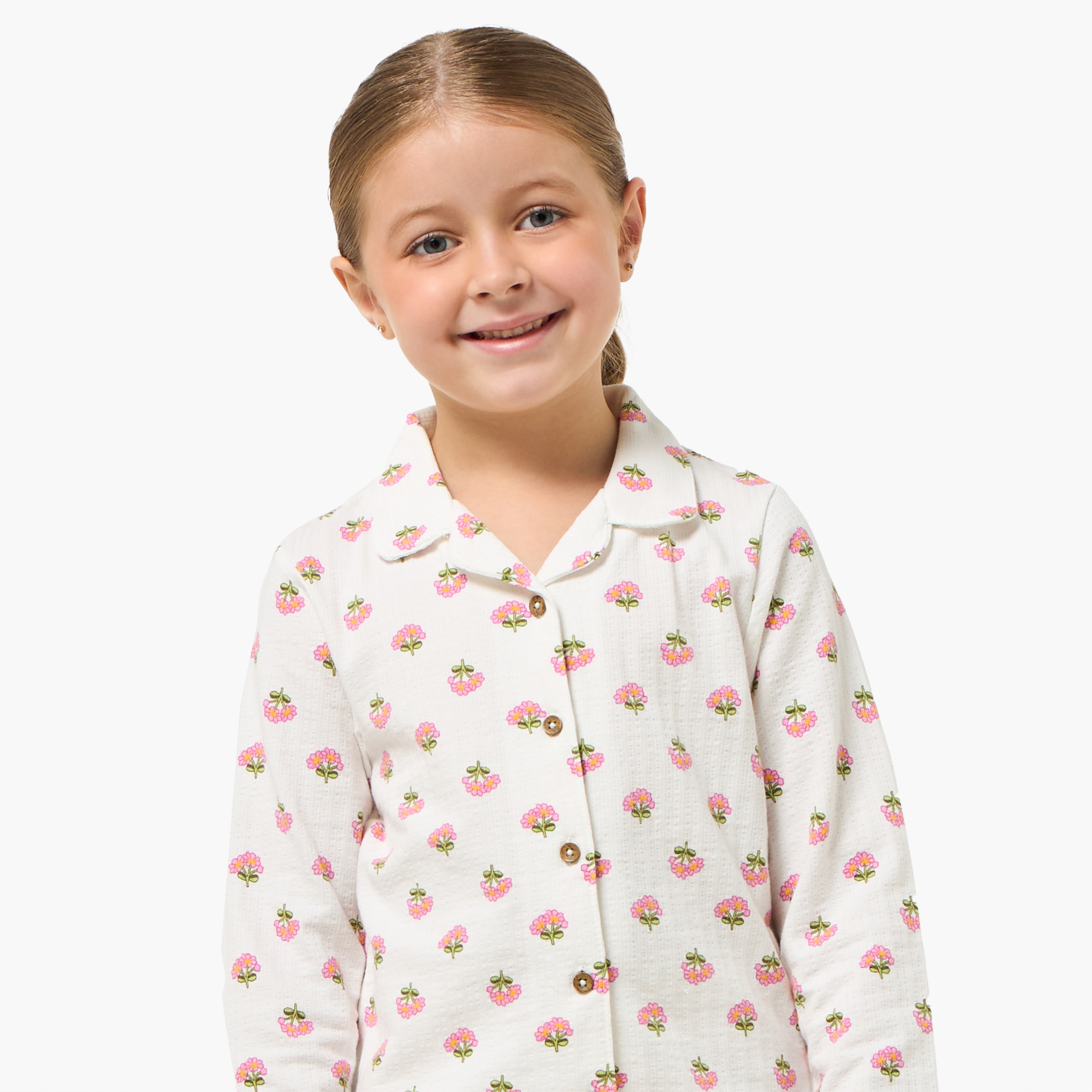 Juniors Cotton Collared Long Sleeves Pyjama Set with Floral Print-baby-girls-clothing-nightwear-pyjamasets-image-5