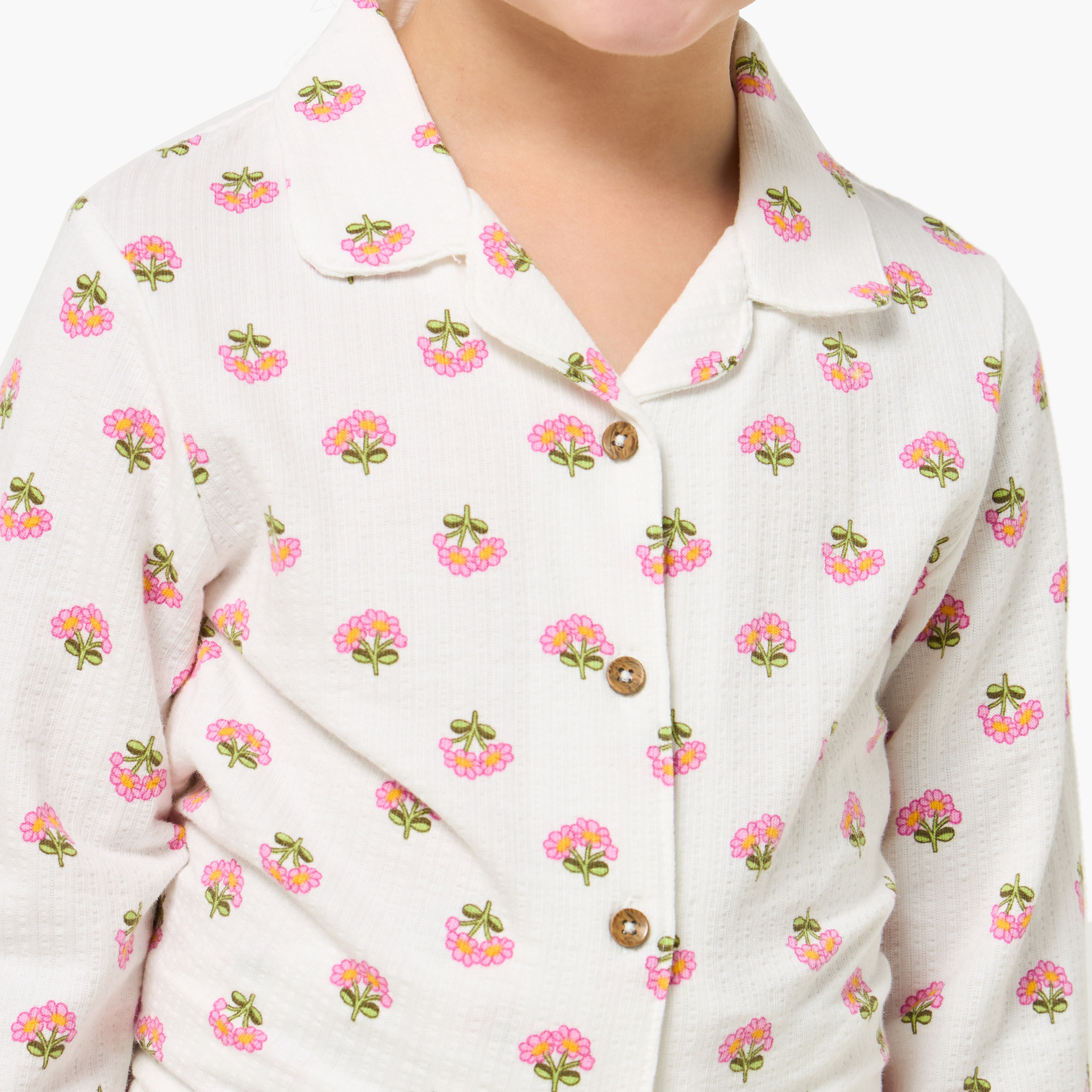 Juniors Cotton Collared Long Sleeves Pyjama Set with Floral Print-baby-girls-clothing-nightwear-pyjamasets-image-6