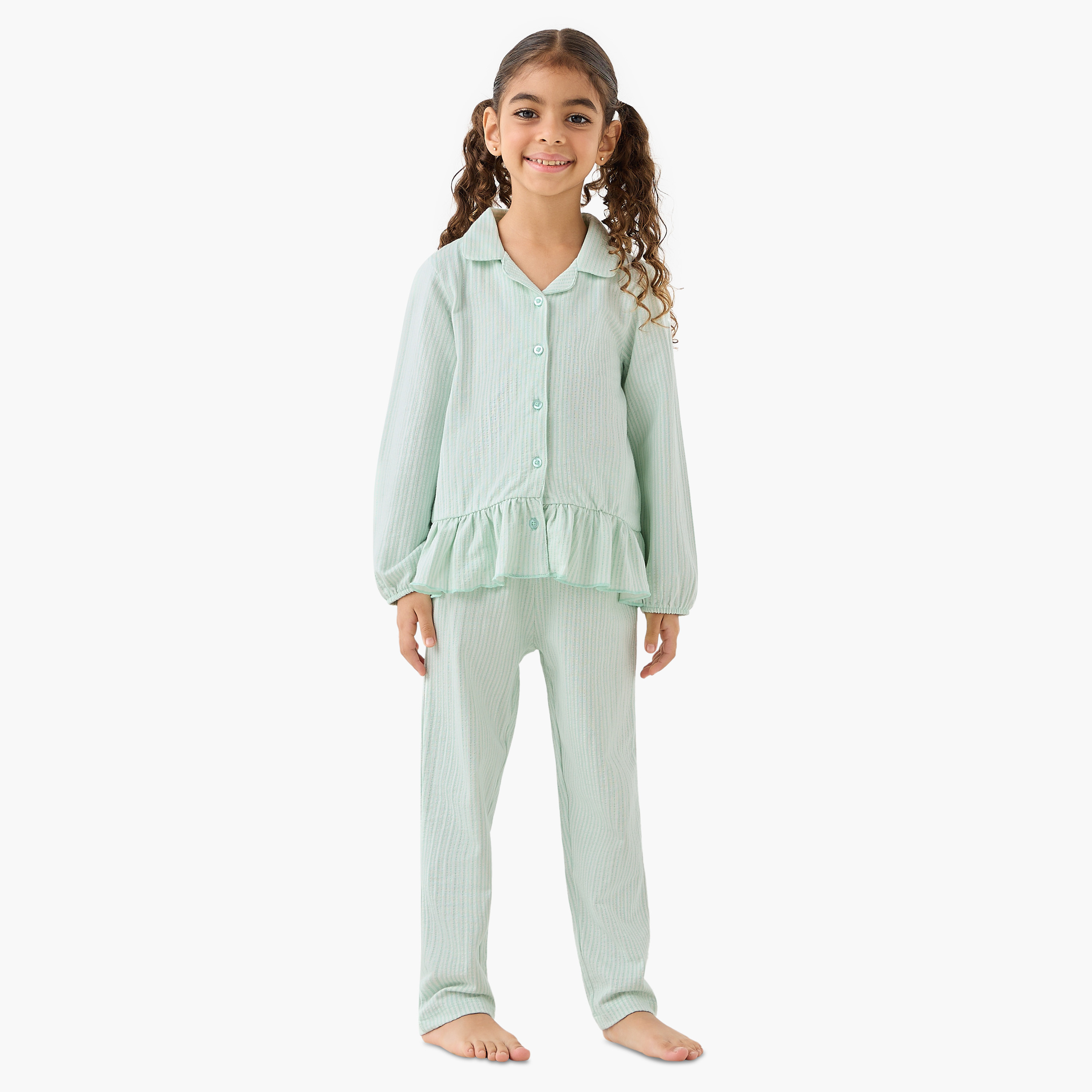 Juniors Cotton Collared Long Sleeves Pyjama Set with Striped Ruffle Detail-baby-girls-clothing-nightwear-pyjamasets-image-1