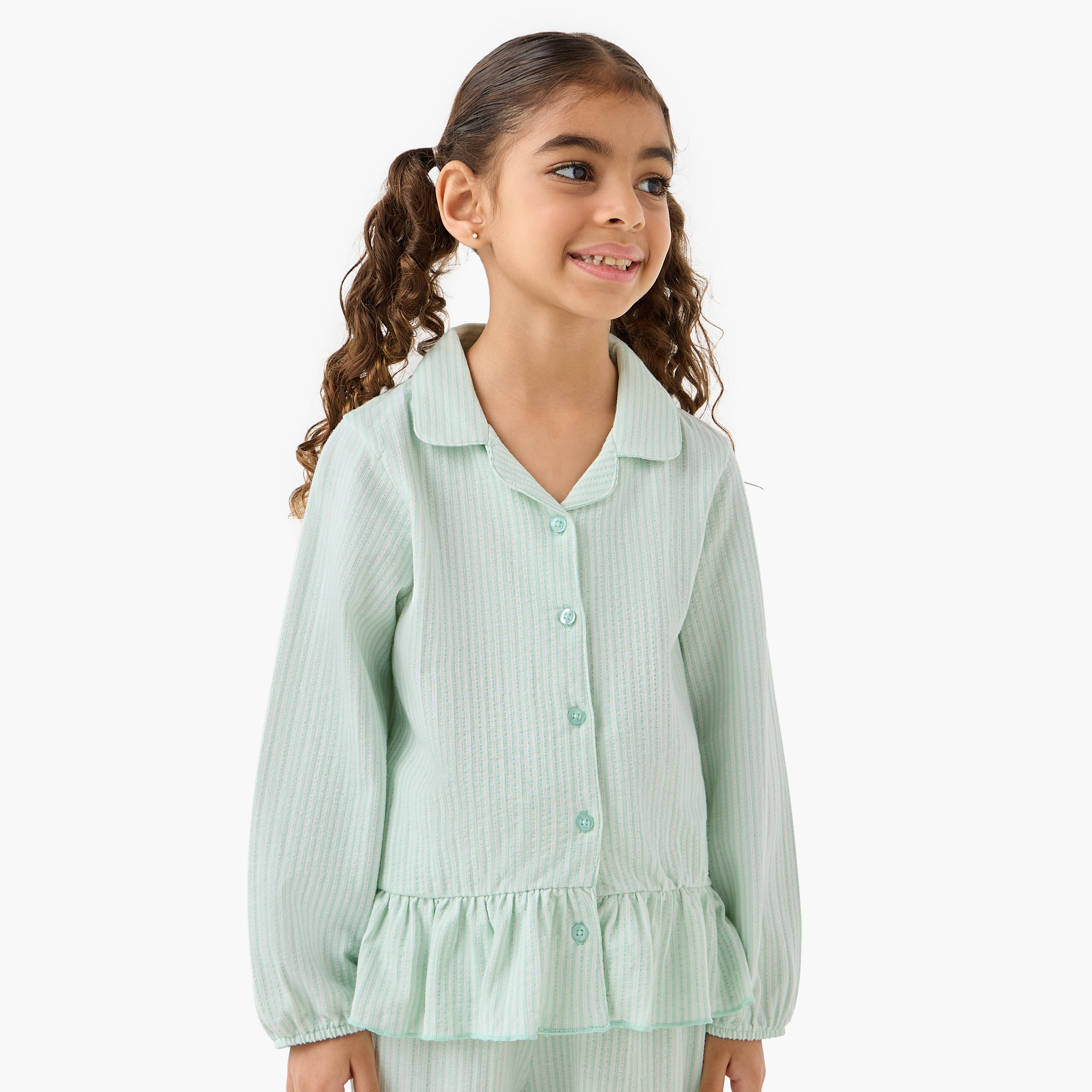 Juniors Cotton Collared Long Sleeves Pyjama Set with Striped Ruffle Detail-baby-girls-clothing-nightwear-pyjamasets-image-2