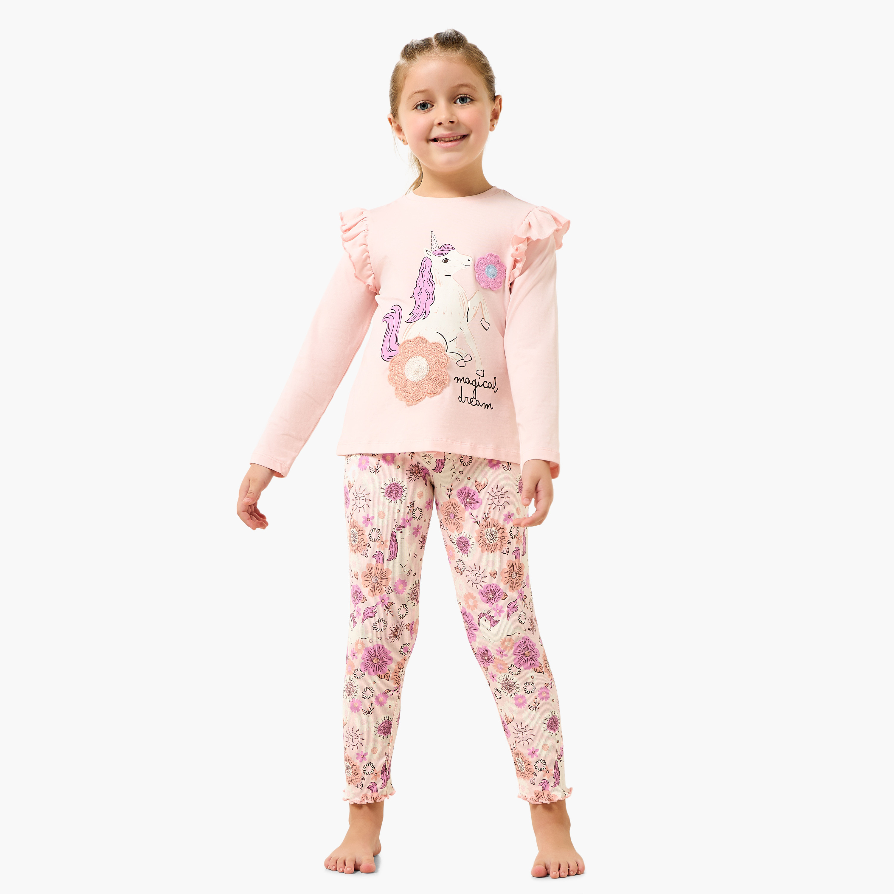 طقم بنطلون بيجاما وبلوزة قطن برقبة ضيقة وأكمام طويلة وطبعات من جونيورز-baby-girls-clothing-nightwear-pyjamasets-image-5