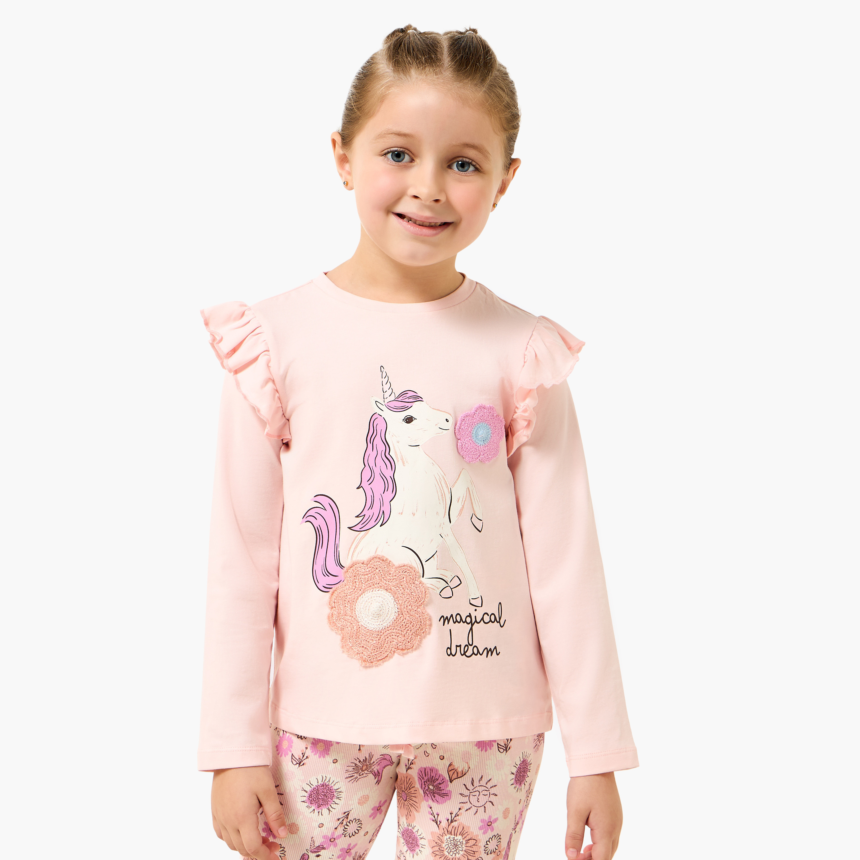 طقم بنطلون بيجاما وبلوزة قطن برقبة ضيقة وأكمام طويلة وطبعات من جونيورز-baby-girls-clothing-nightwear-pyjamasets-image-4