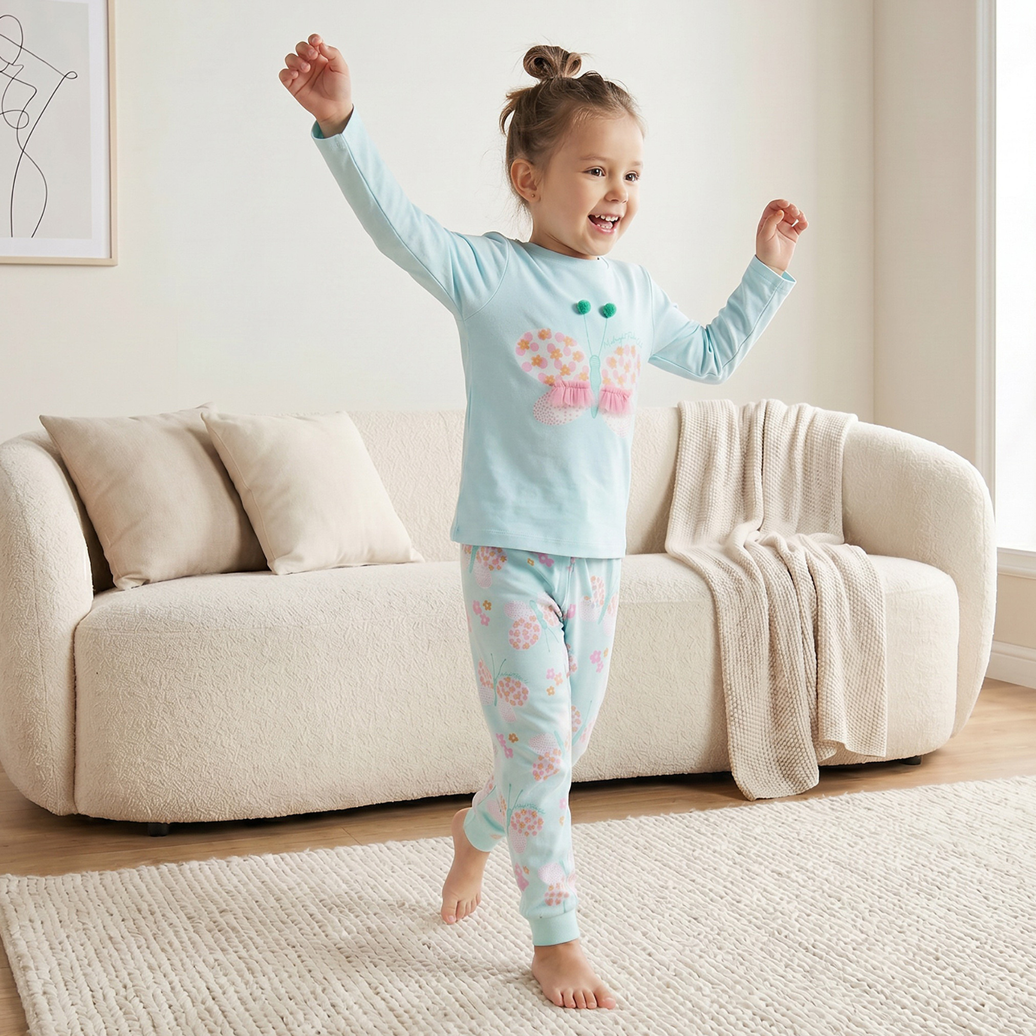 Juniors Cotton Crew Neck Long Sleeves Pyjama Set with Butterfly Print-girls-clothing-nightwear-image-1