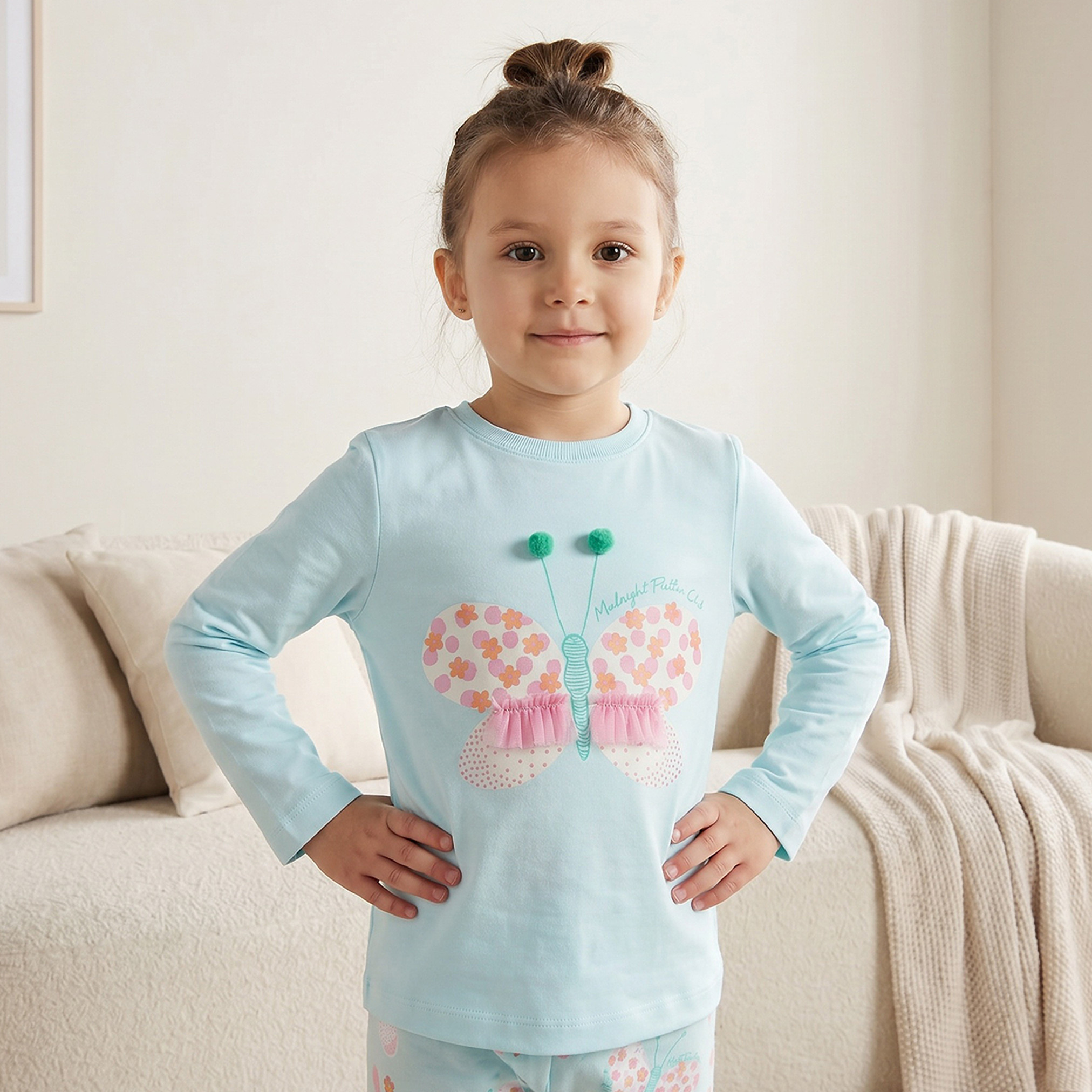 Juniors Cotton Crew Neck Long Sleeves Pyjama Set with Butterfly Print-girls-clothing-nightwear-image-2