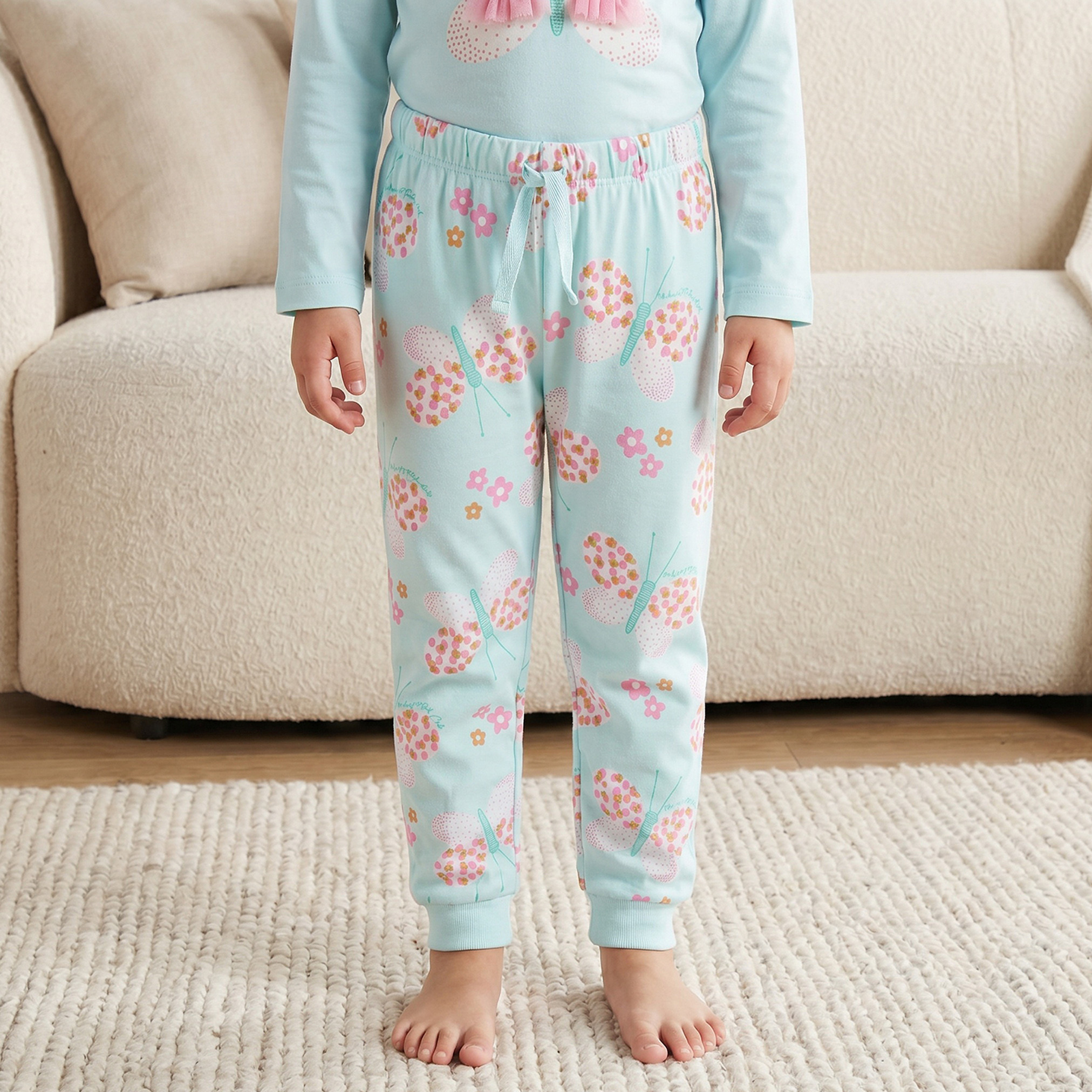 Juniors Cotton Crew Neck Long Sleeves Pyjama Set with Butterfly Print-girls-clothing-nightwear-image-3