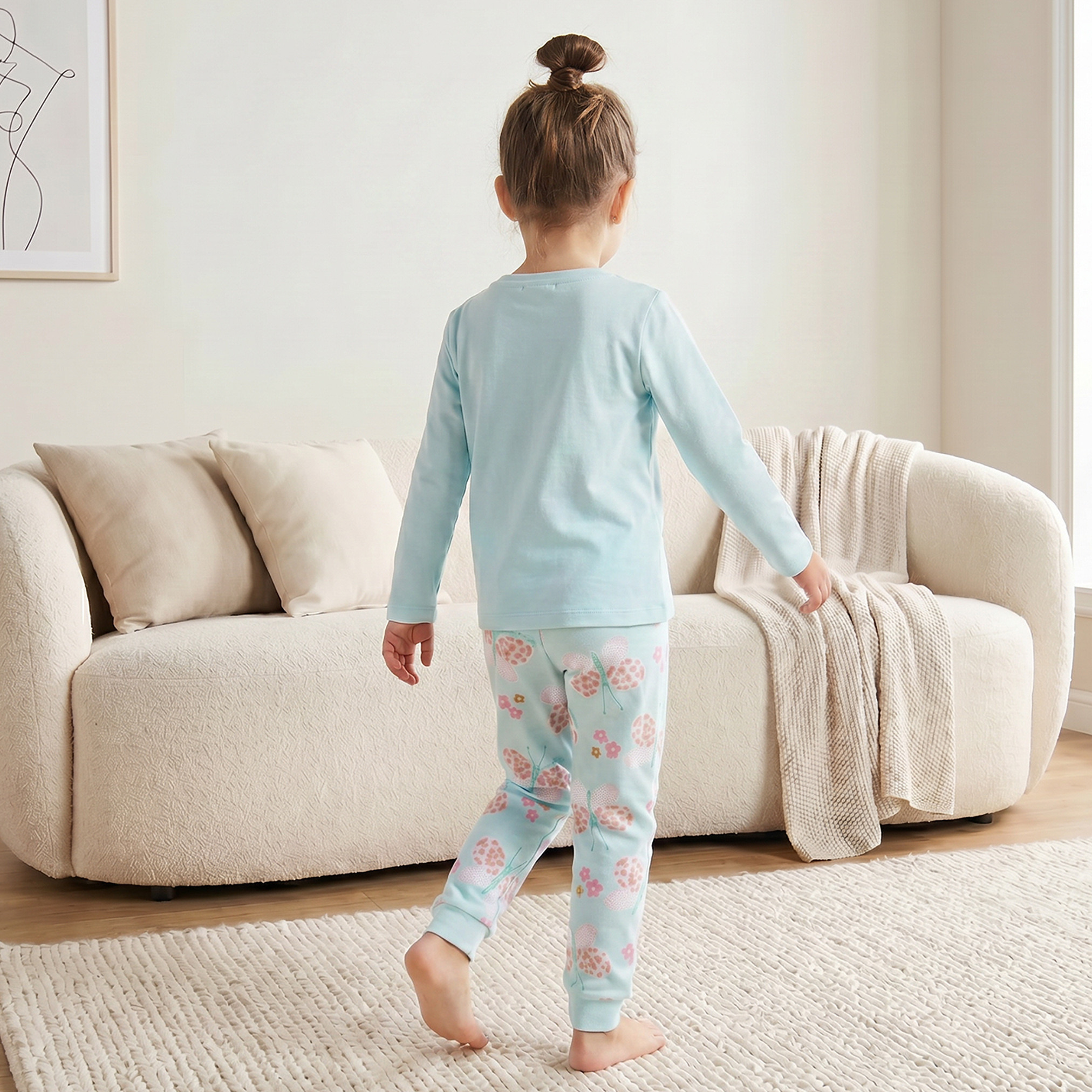 Juniors Cotton Crew Neck Long Sleeves Pyjama Set with Butterfly Print-girls-clothing-nightwear-image-4