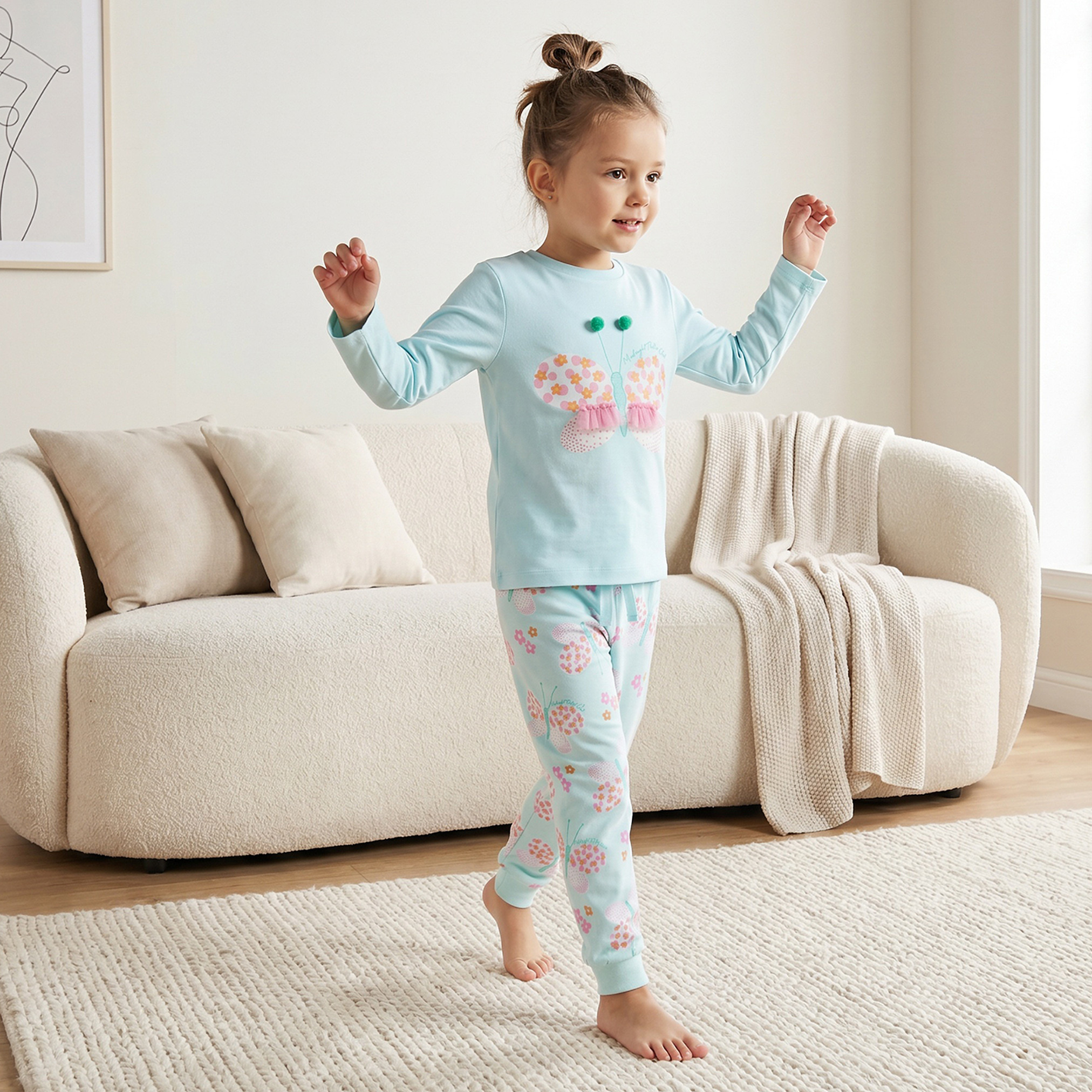 Juniors Cotton Crew Neck Long Sleeves Pyjama Set with Butterfly Print-girls-clothing-nightwear-image-7