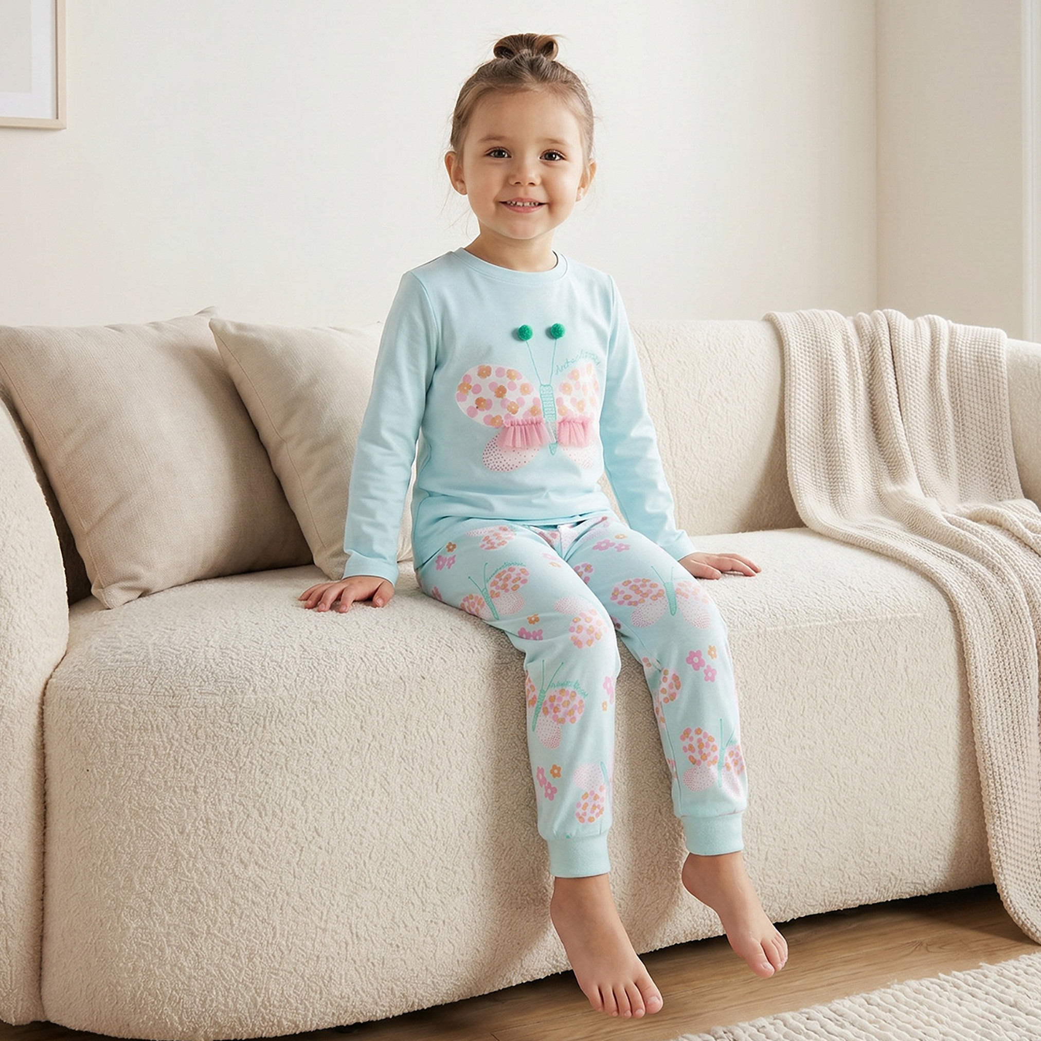 Juniors Cotton Crew Neck Long Sleeves Pyjama Set with Butterfly Print-girls-clothing-nightwear-image-8