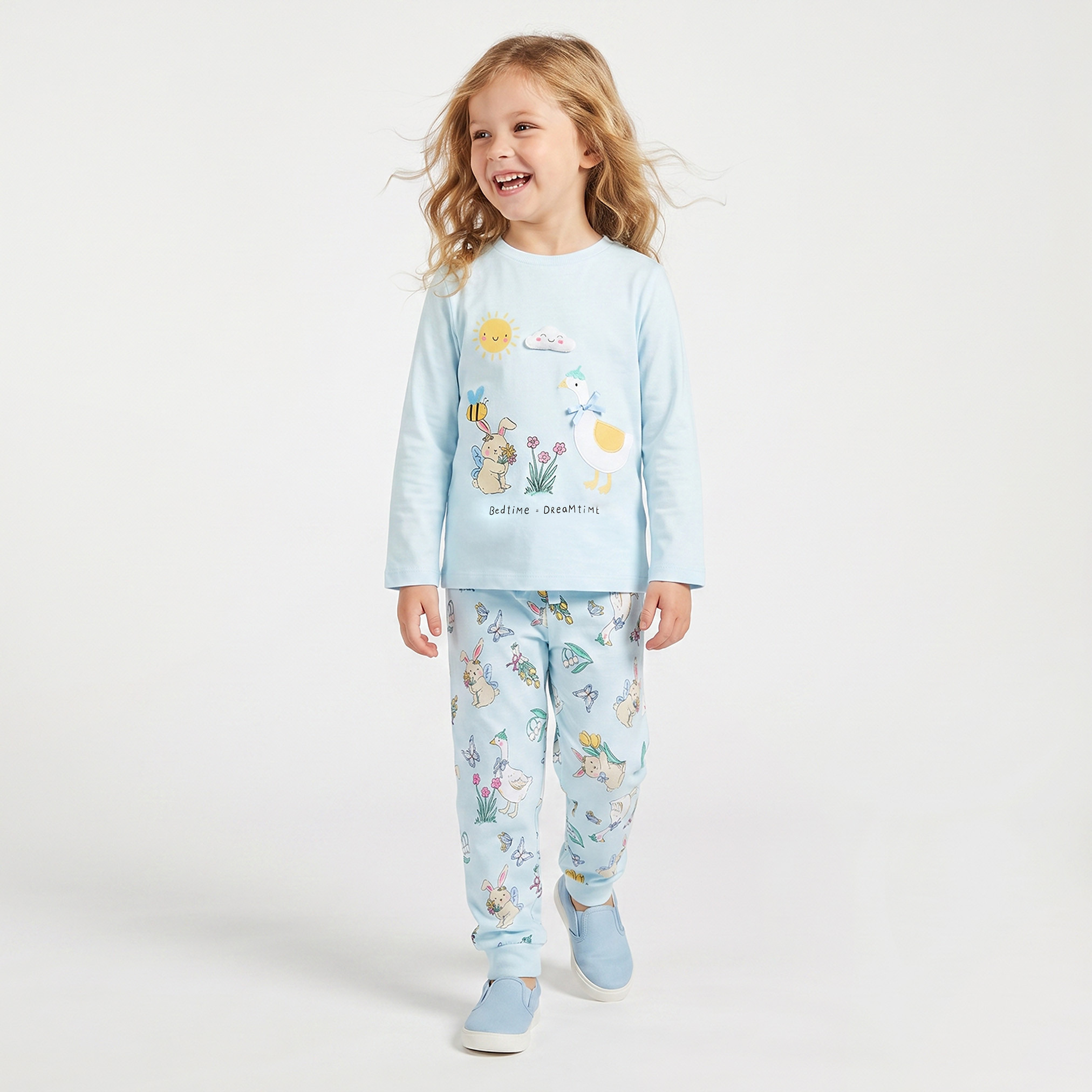 Juniors Cotton Crew Neck Long Sleeves Pyjama Set with Illustrative Print-girls-clothing-nightwear-image-1