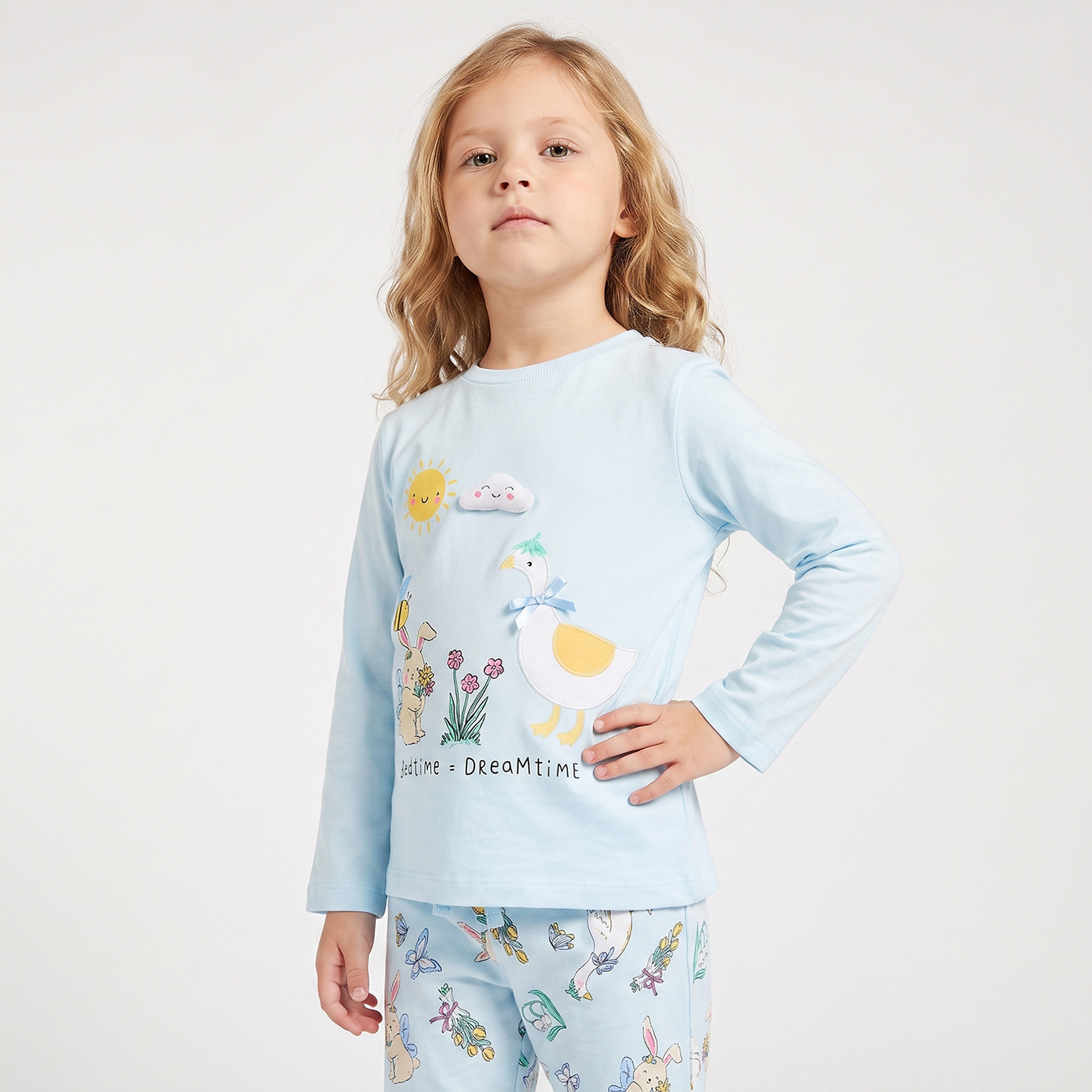 Juniors Cotton Crew Neck Long Sleeves Pyjama Set with Illustrative Print-girls-clothing-nightwear-image-2