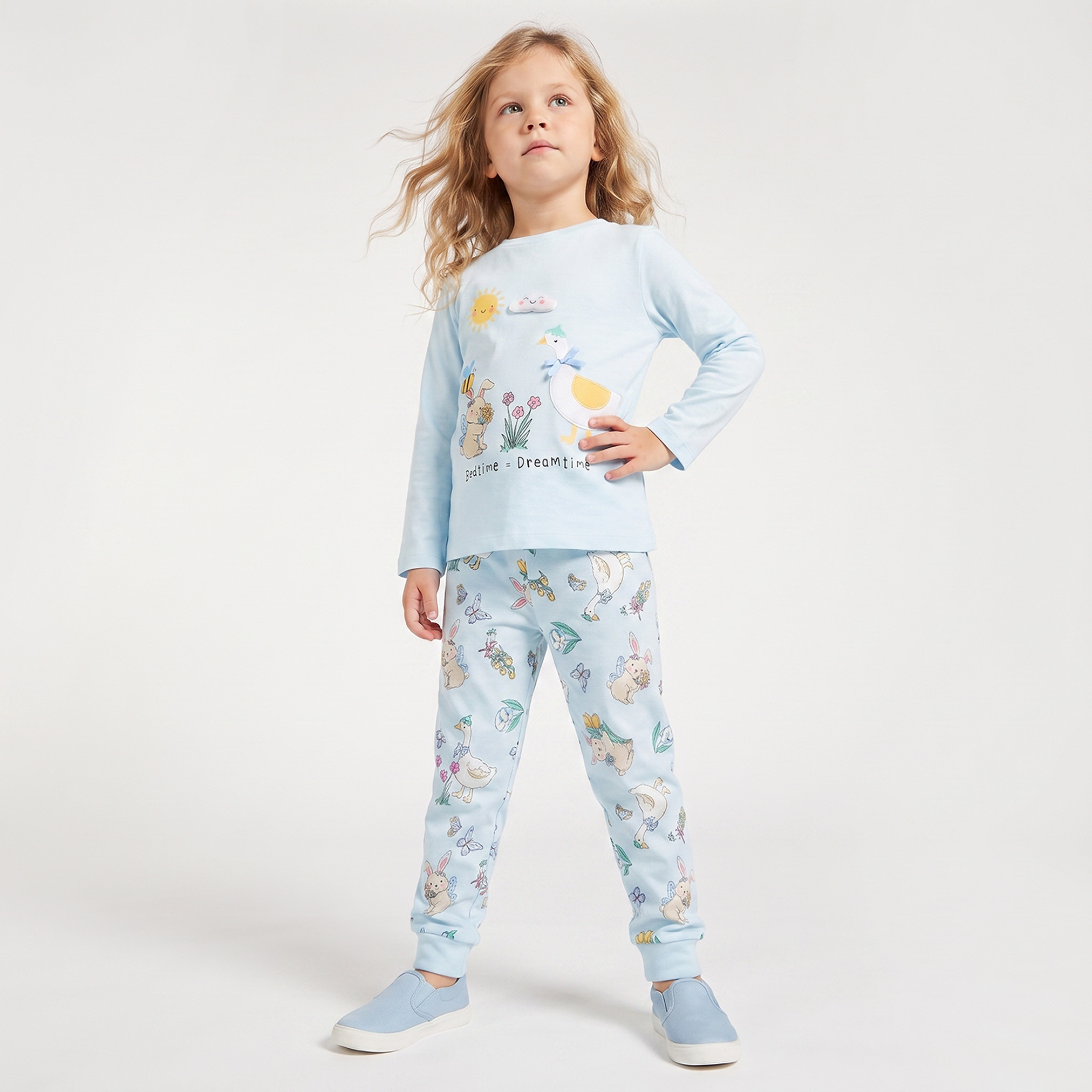 Juniors Cotton Crew Neck Long Sleeves Pyjama Set with Illustrative Print-girls-clothing-nightwear-image-8