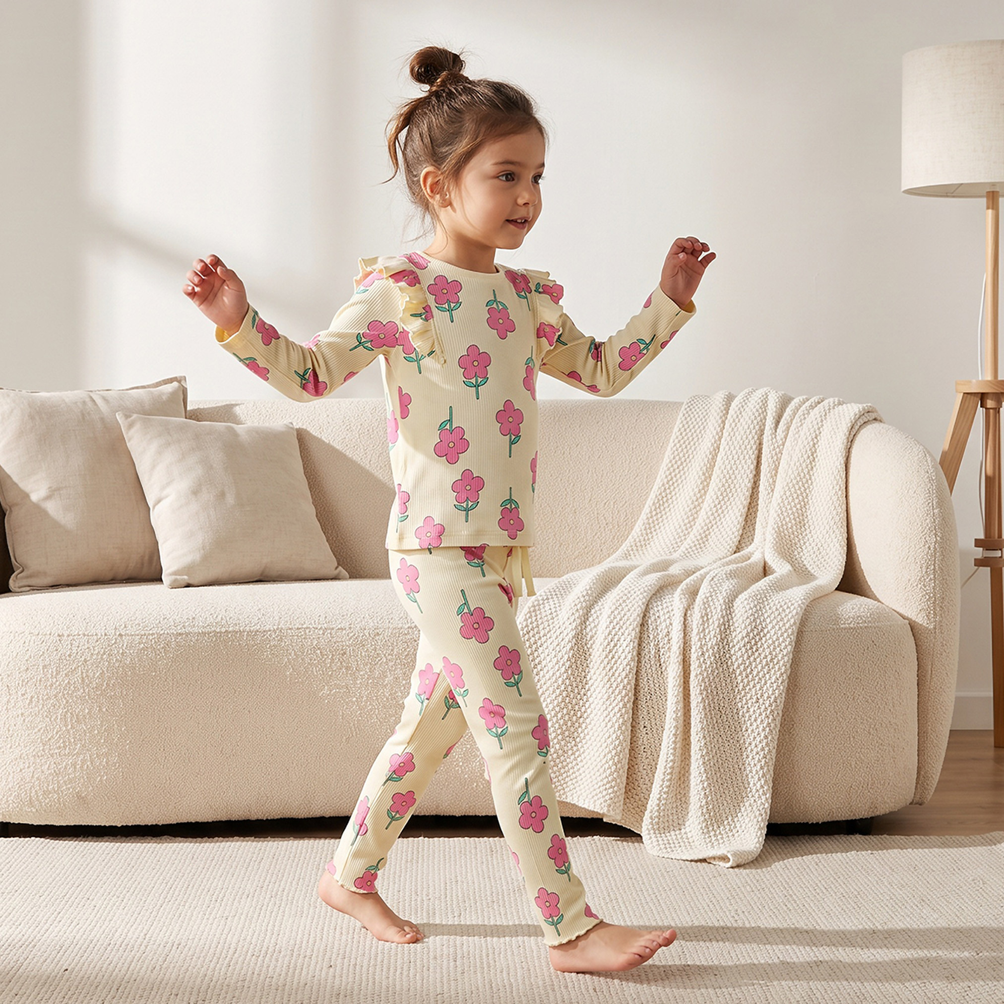 Juniors Cotton Crew Neck Long Sleeves Pyjama Set with Floral Print-girls-clothing-nightwear-image-1