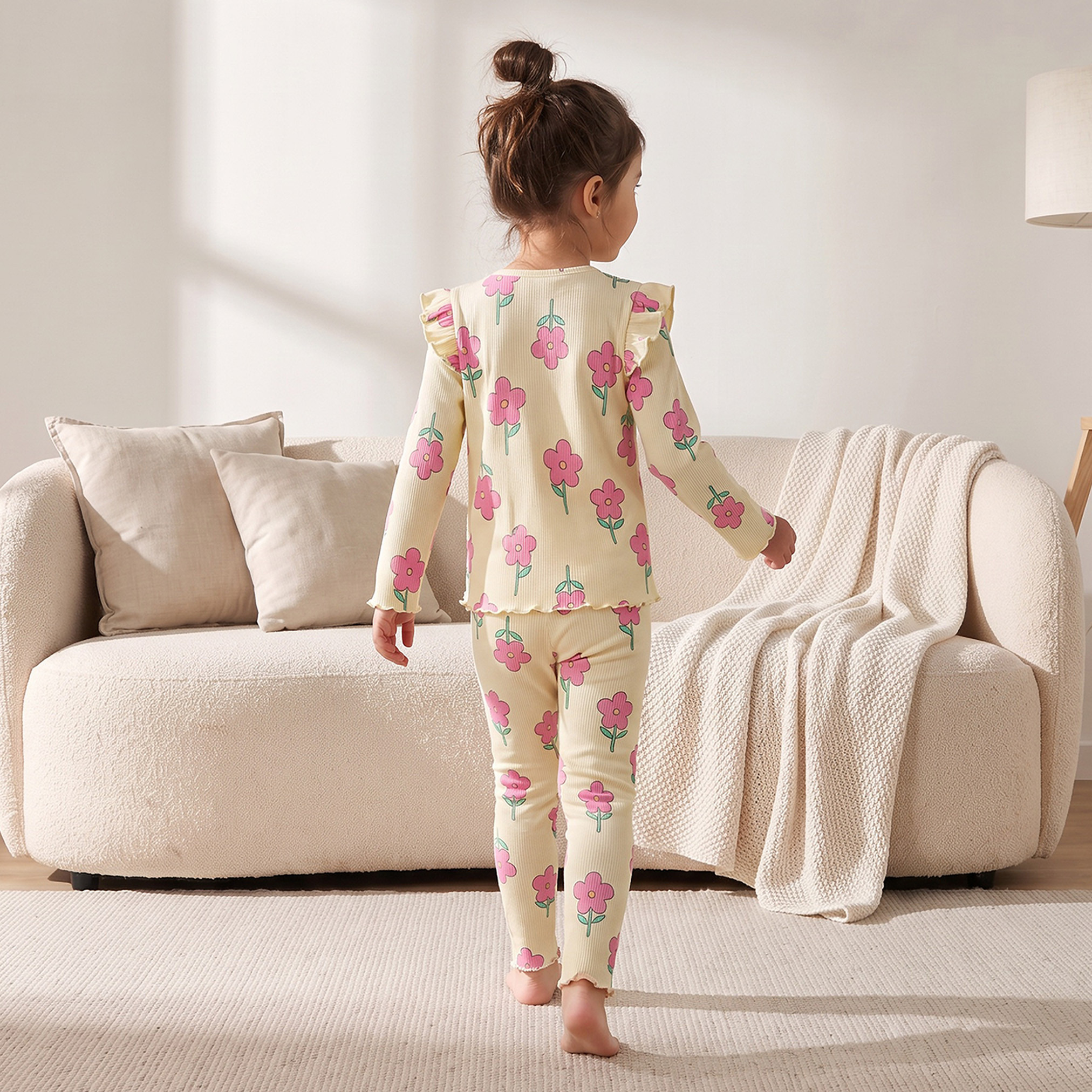 Juniors Cotton Crew Neck Long Sleeves Pyjama Set with Floral Print-girls-clothing-nightwear-image-2