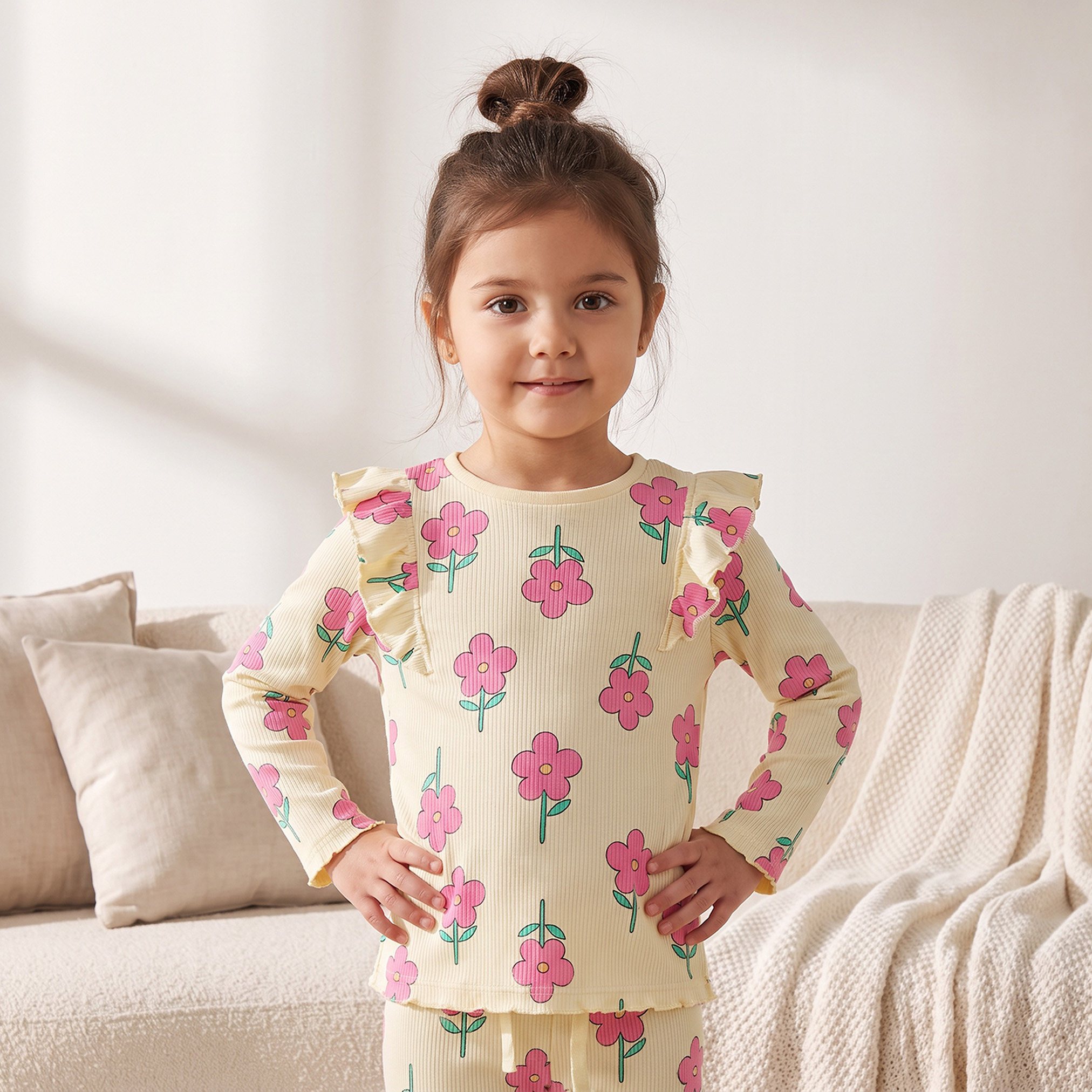 Juniors Cotton Crew Neck Long Sleeves Pyjama Set with Floral Print-girls-clothing-nightwear-image-3