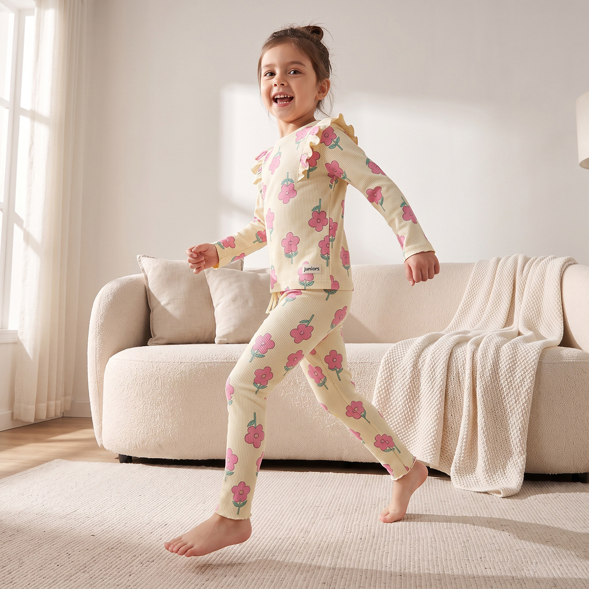 Juniors Cotton Crew Neck Long Sleeves Pyjama Set with Floral Print-girls-clothing-nightwear-image-5