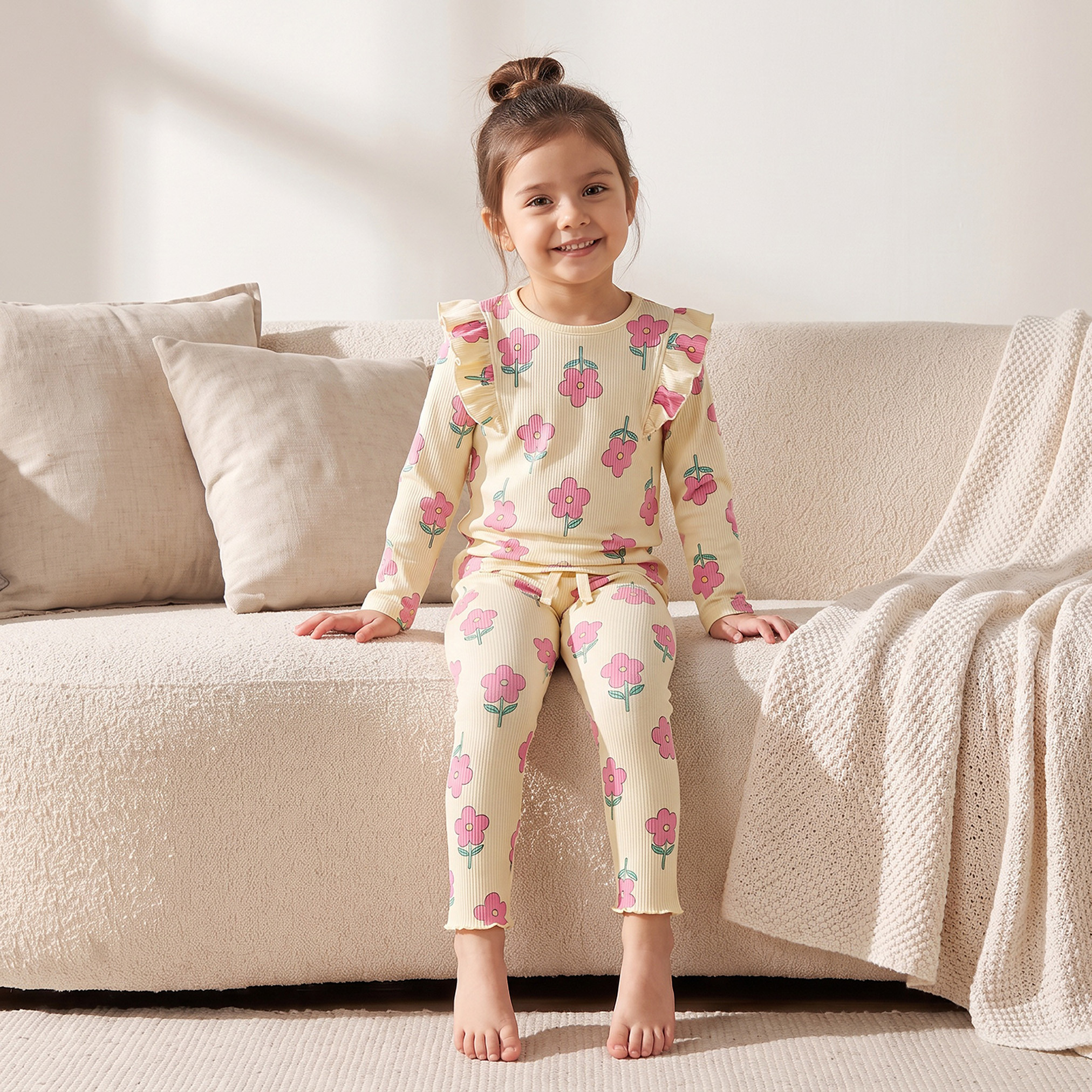 Juniors Cotton Crew Neck Long Sleeves Pyjama Set with Floral Print-girls-clothing-nightwear-image-8