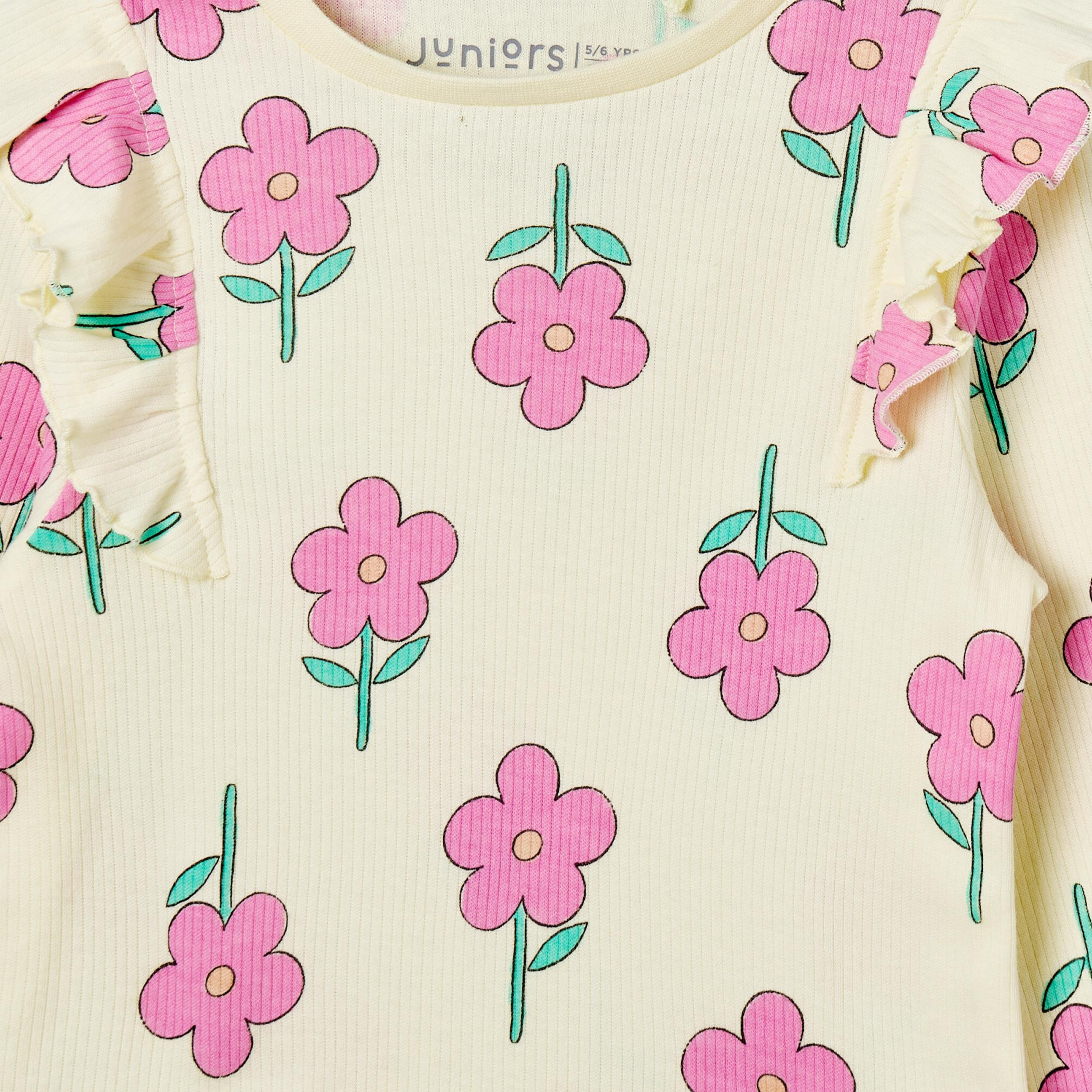 Juniors Cotton Crew Neck Long Sleeves Pyjama Set with Floral Print-girls-clothing-nightwear-image-6
