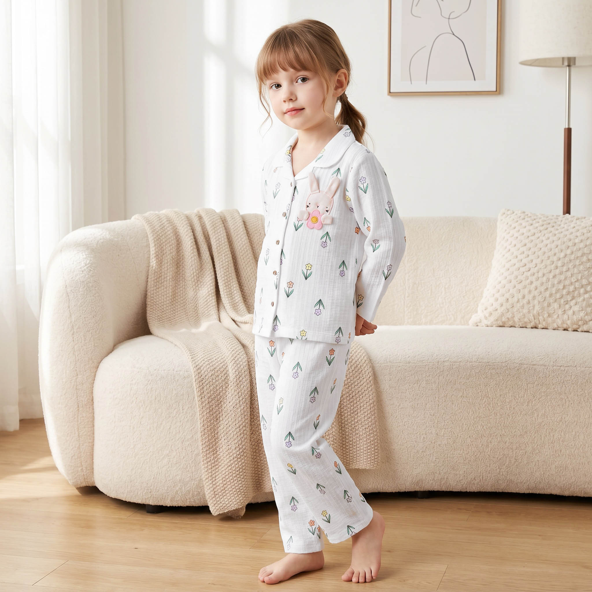 Juniors Cotton Notch Collar Long Sleeves Pyjama Set with Bunny Applique-girls-clothing-nightwear-image-1
