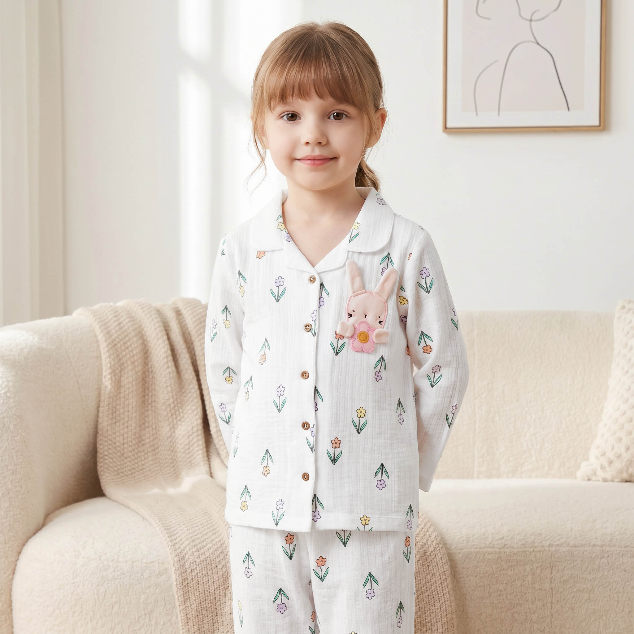 Juniors Cotton Notch Collar Long Sleeves Pyjama Set with Bunny Applique-girls-clothing-nightwear-image-2