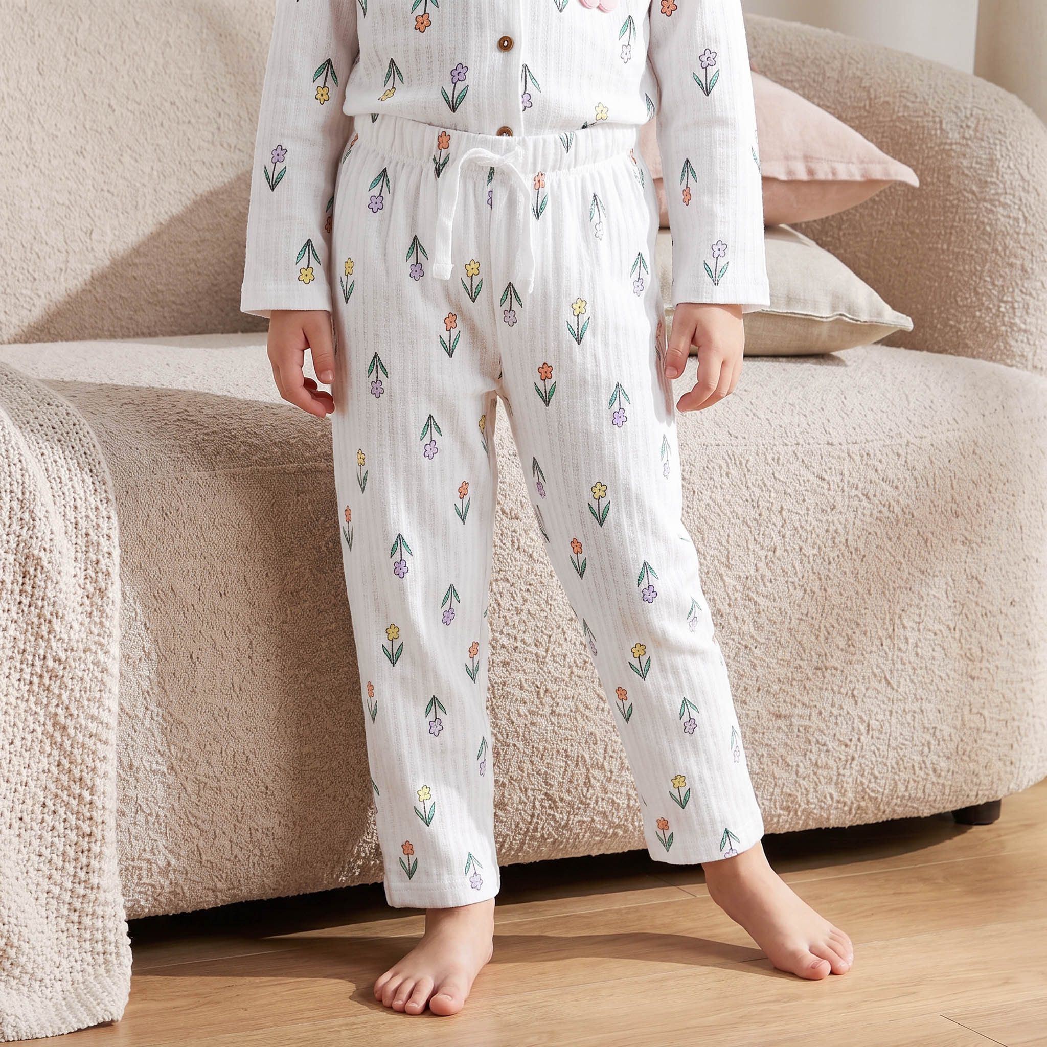 Juniors Cotton Notch Collar Long Sleeves Pyjama Set with Bunny Applique-girls-clothing-nightwear-image-3
