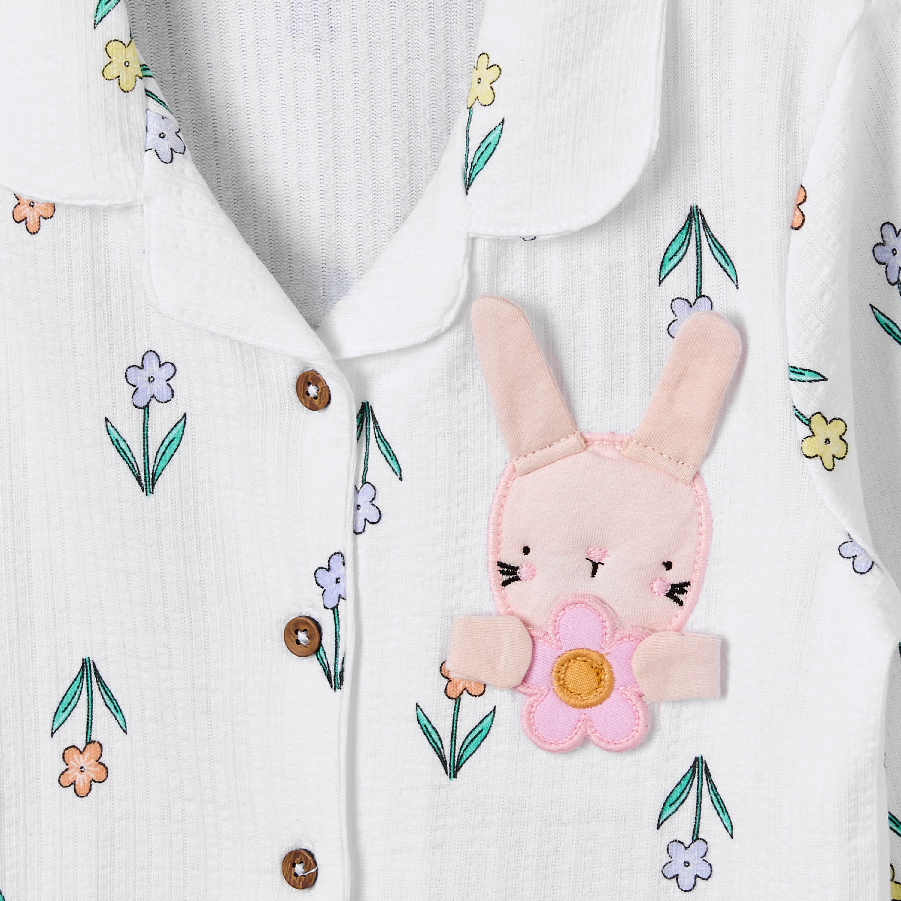 Juniors Cotton Notch Collar Long Sleeves Pyjama Set with Bunny Applique-girls-clothing-nightwear-image-5