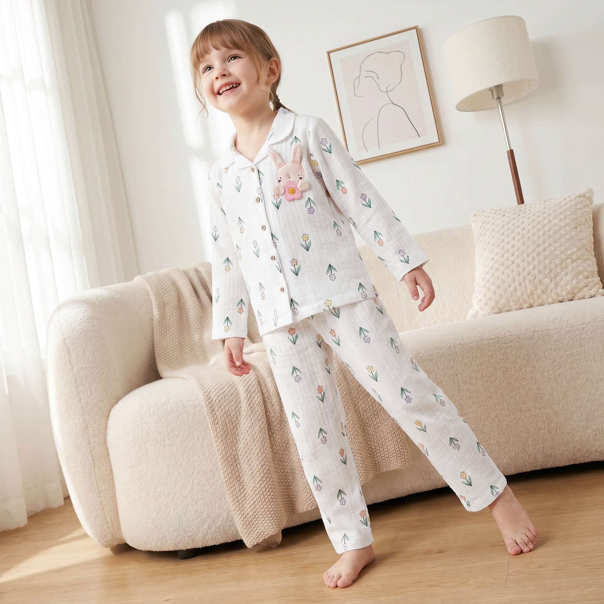 Juniors Cotton Notch Collar Long Sleeves Pyjama Set with Bunny Applique-girls-clothing-nightwear-image-7