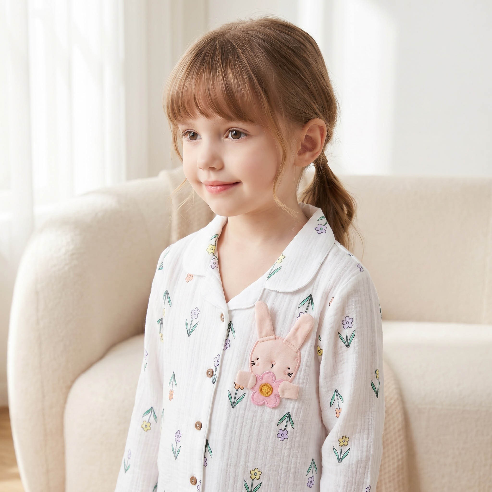 Juniors Cotton Notch Collar Long Sleeves Pyjama Set with Bunny Applique-girls-clothing-nightwear-image-8