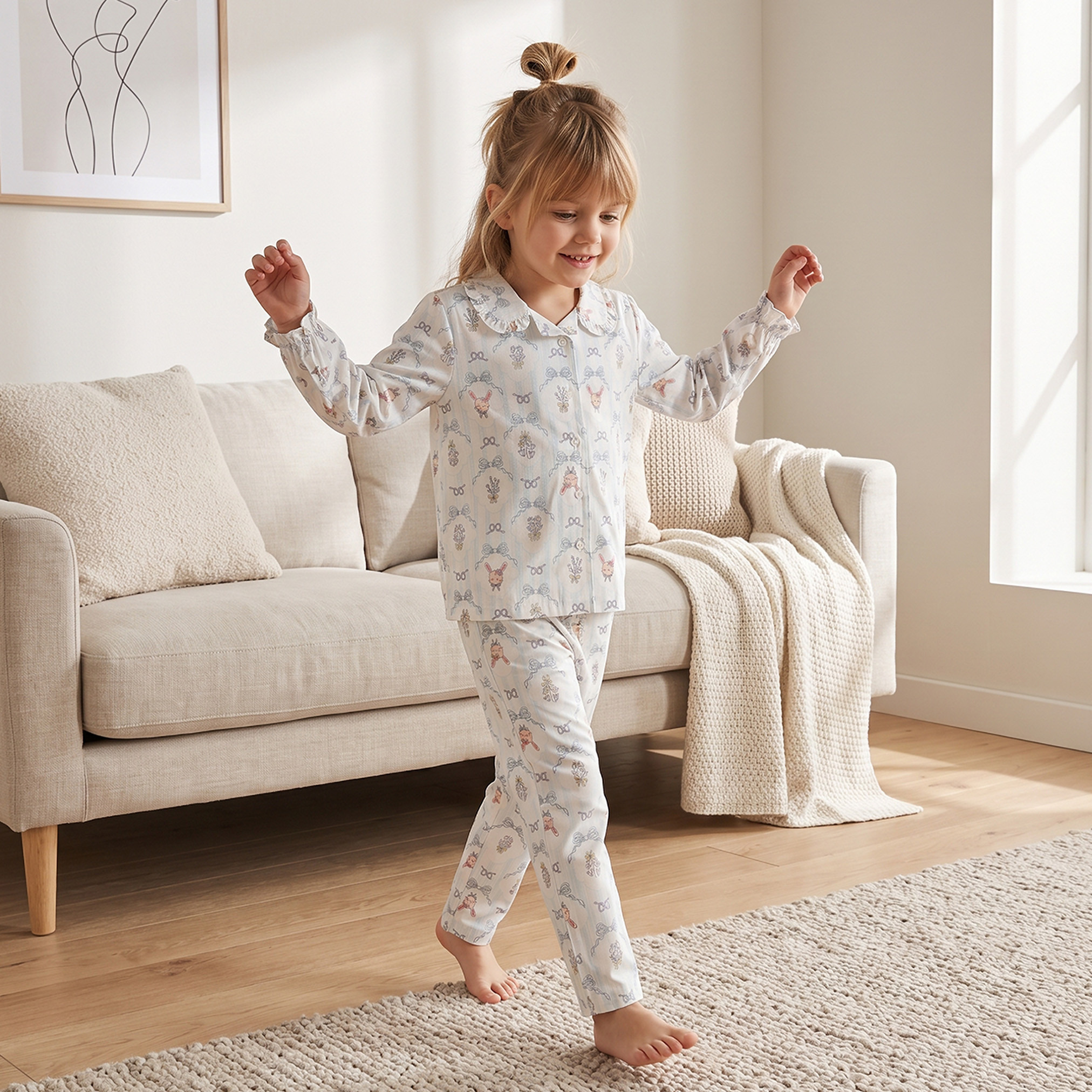 Juniors Cotton Collared Long Sleeves Pyjama Set with Bow Print-girls-clothing-nightwear-image-1