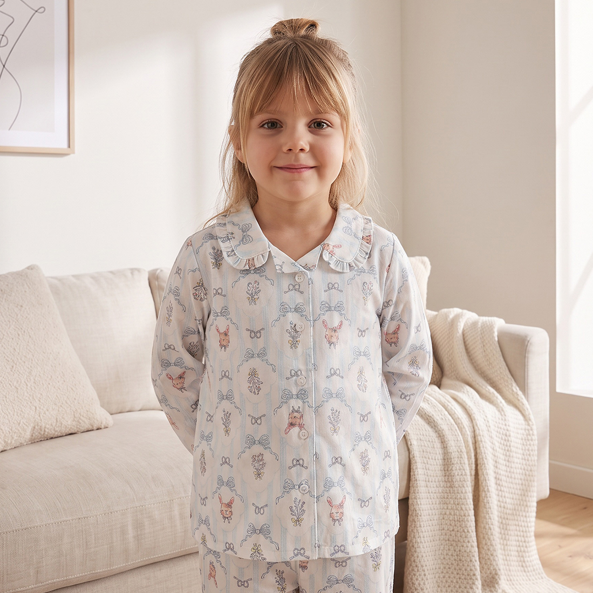 Juniors Cotton Collared Long Sleeves Pyjama Set with Bow Print-girls-clothing-nightwear-image-2
