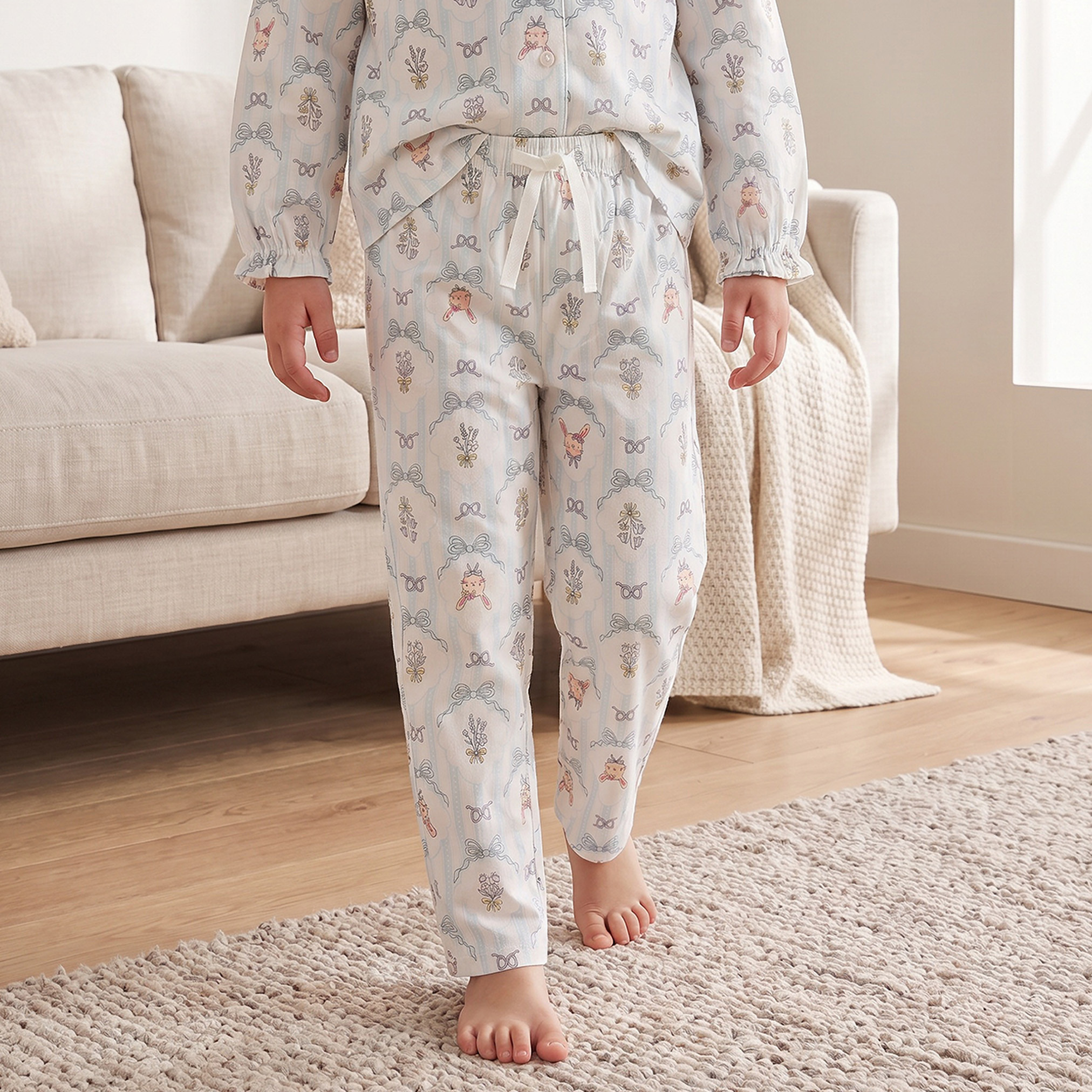 Juniors Cotton Collared Long Sleeves Pyjama Set with Bow Print-girls-clothing-nightwear-image-3