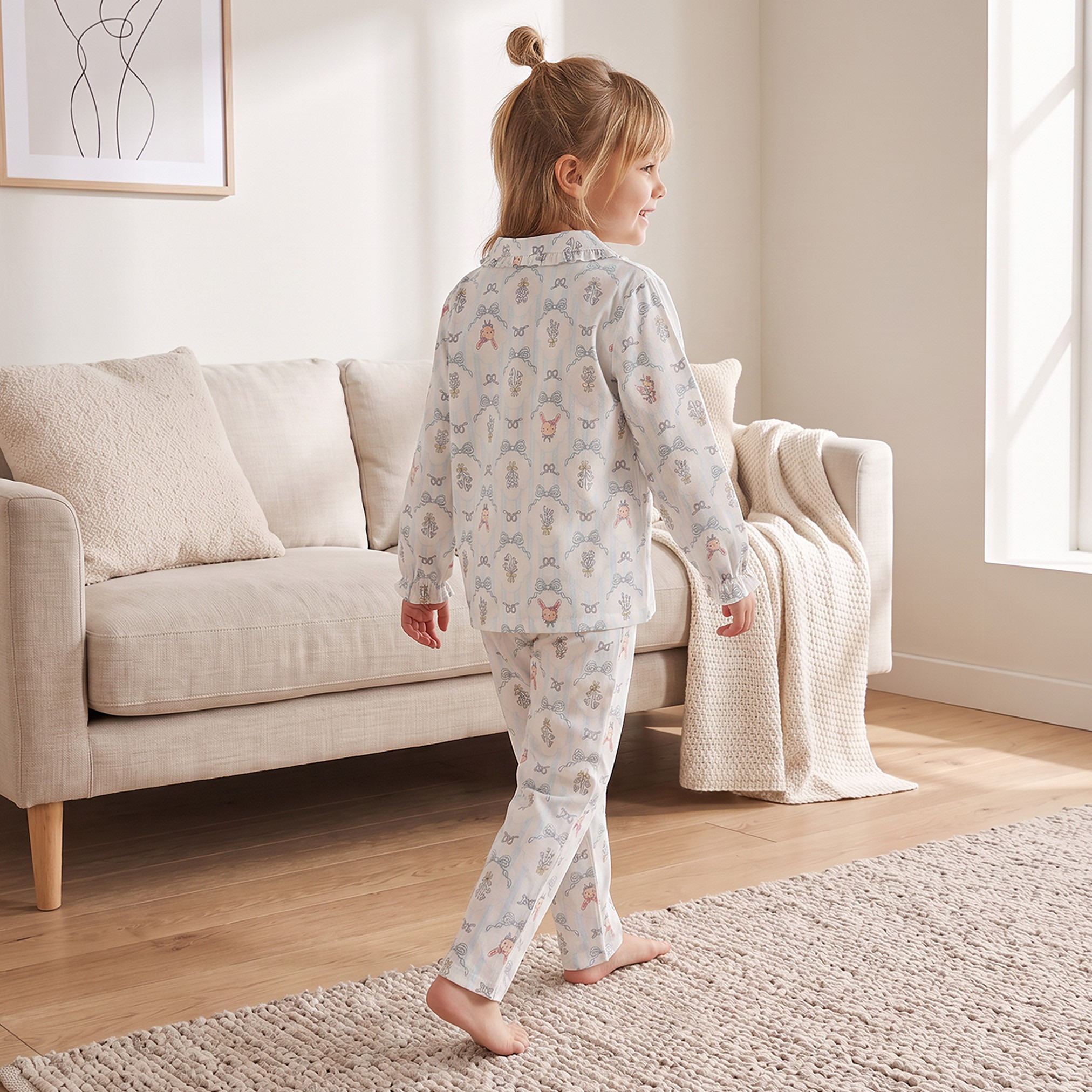 Juniors Cotton Collared Long Sleeves Pyjama Set with Bow Print-girls-clothing-nightwear-image-4