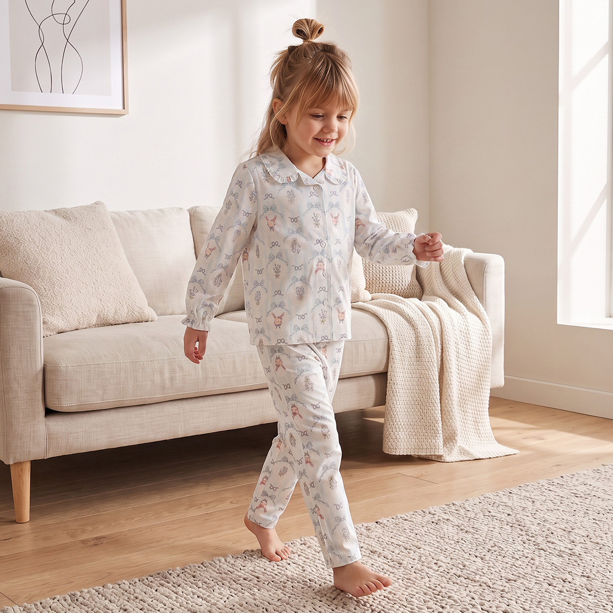 Juniors Cotton Collared Long Sleeves Pyjama Set with Bow Print-girls-clothing-nightwear-image-7