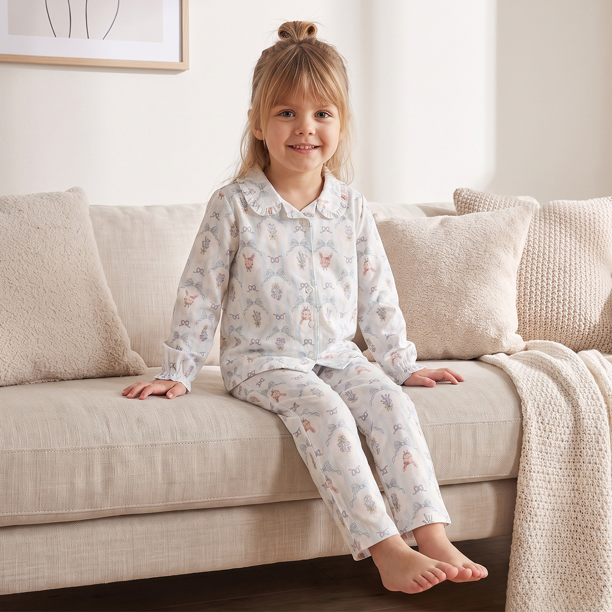 Juniors Cotton Collared Long Sleeves Pyjama Set with Bow Print-girls-clothing-nightwear-image-8