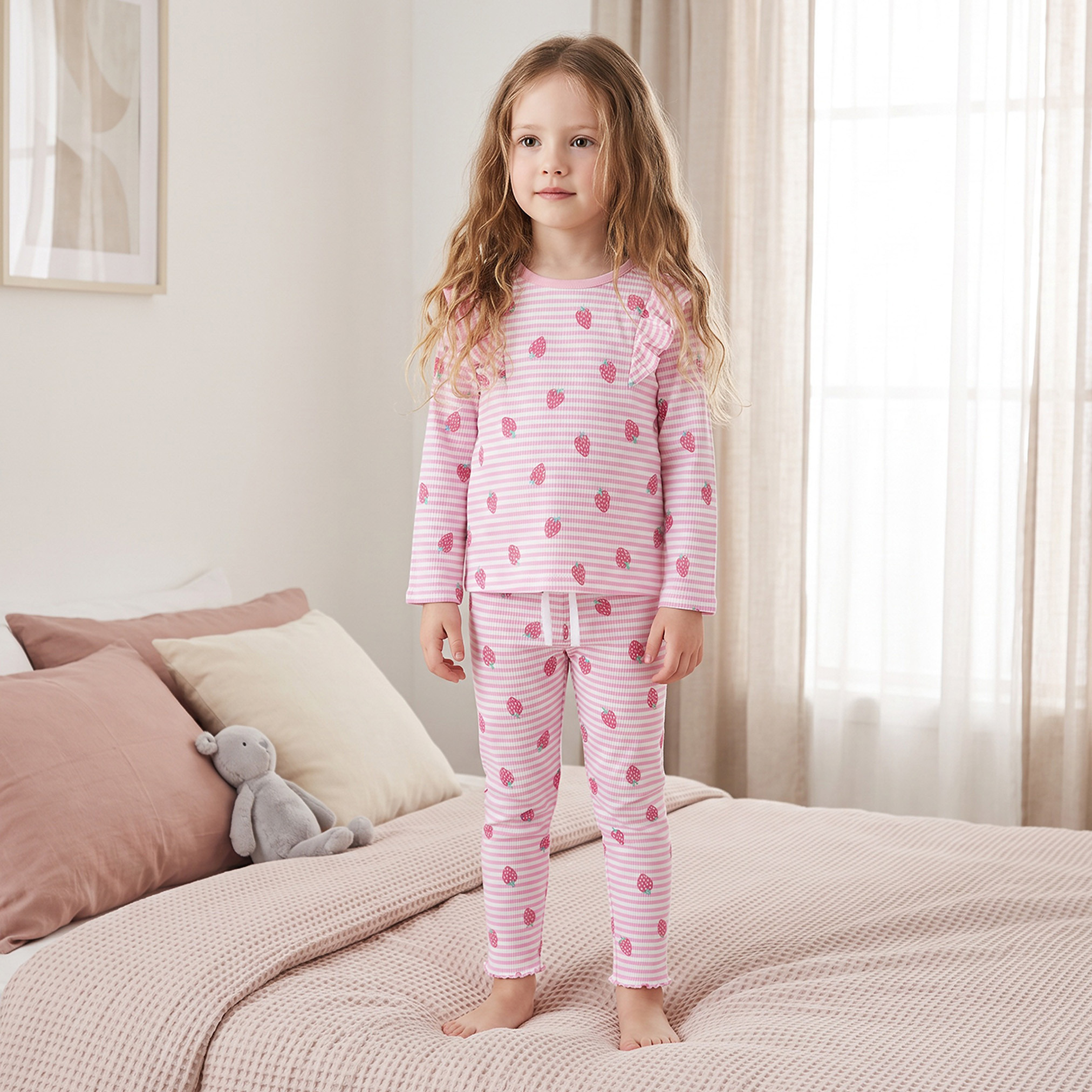 طقم بيجاما قطن وتيشيرت بياقة مستديرة وأكمام طويلة بطبعات فراولة من جونيورز-girls-clothing-nightwear-image-1