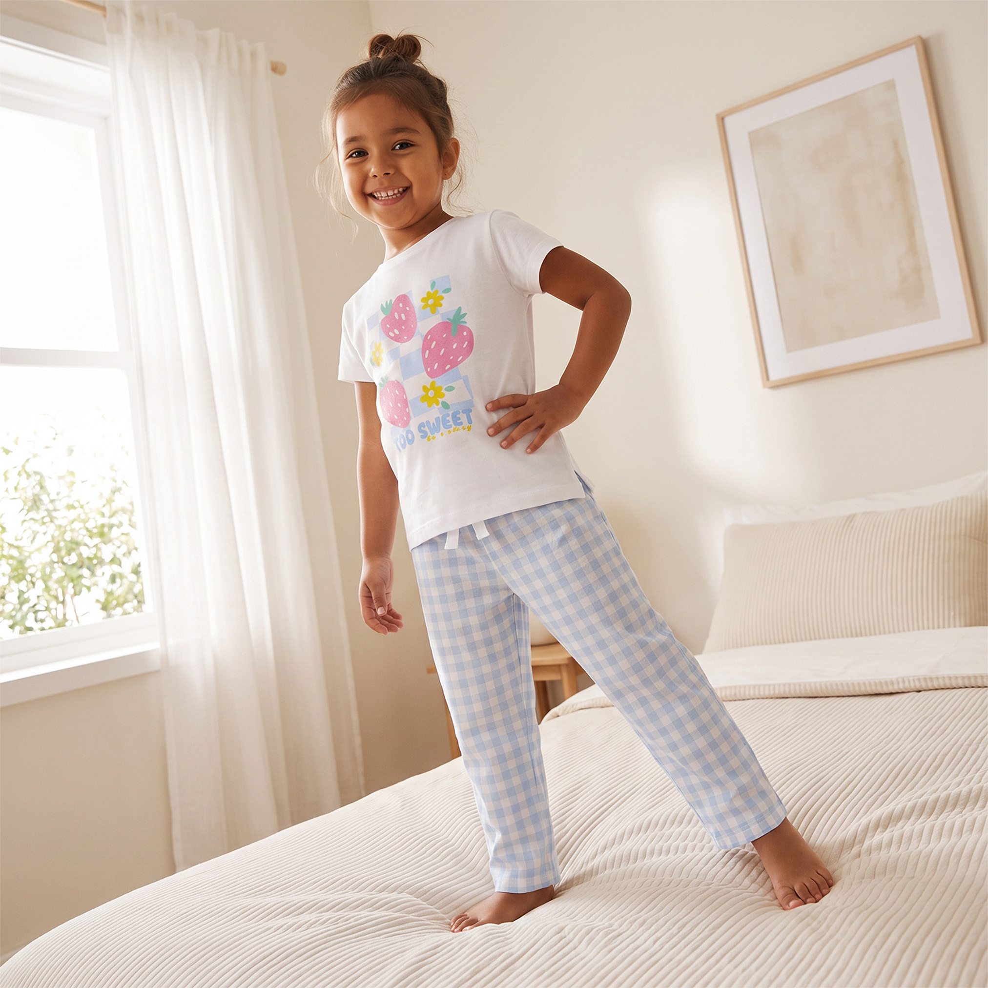 Juniors Cotton Crew Neck Short Sleeves Pyjama Set with Checked Design-girls-clothing-nightwear-image-1