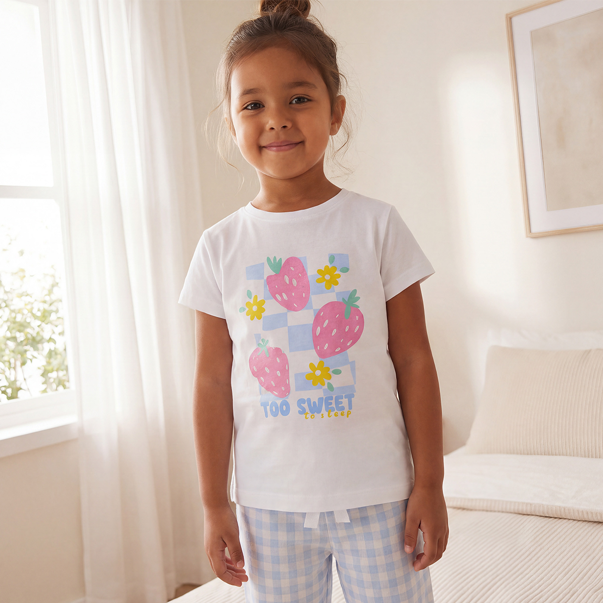 Juniors Cotton Crew Neck Short Sleeves Pyjama Set with Checked Design-girls-clothing-nightwear-image-2