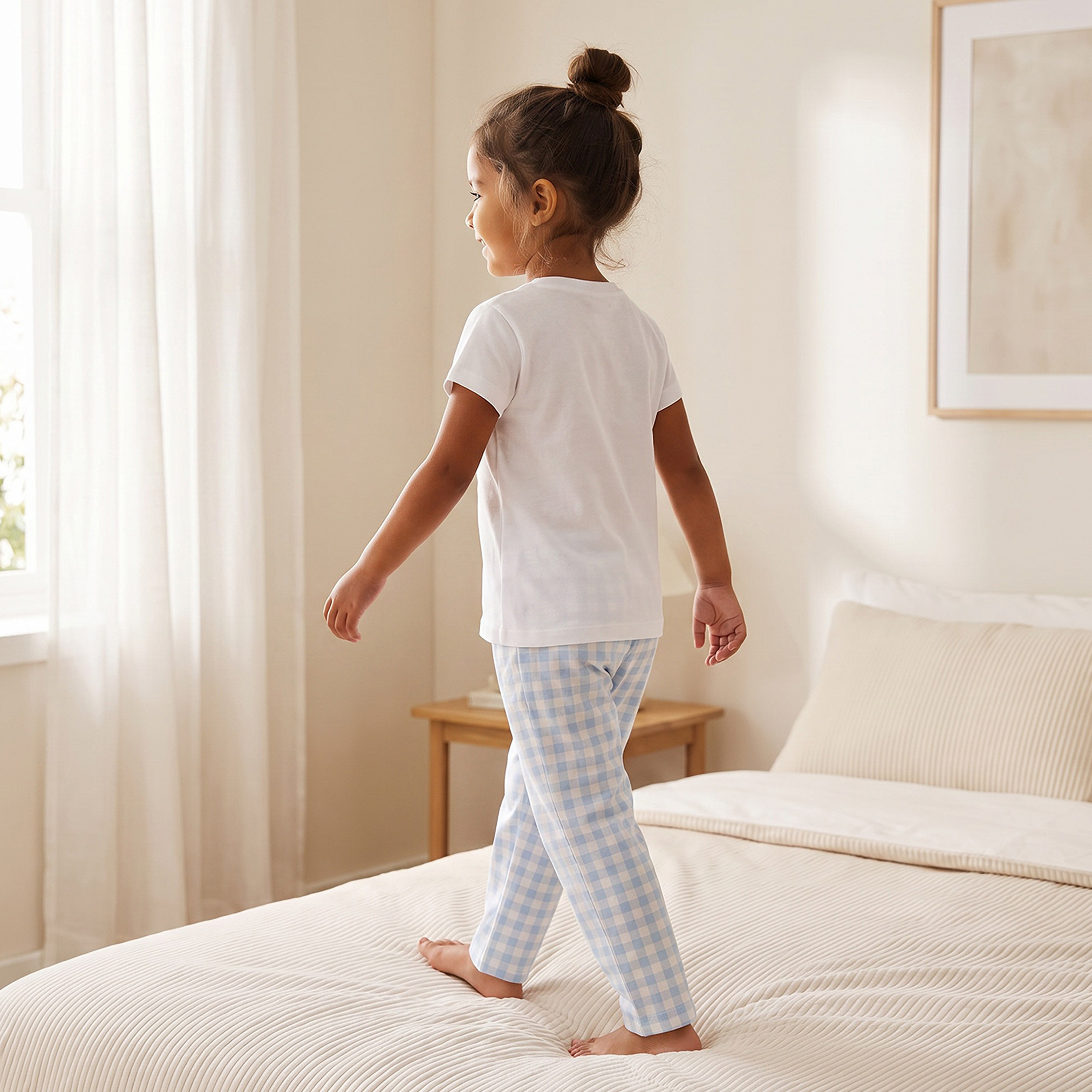 Juniors Cotton Crew Neck Short Sleeves Pyjama Set with Checked Design-girls-clothing-nightwear-image-4