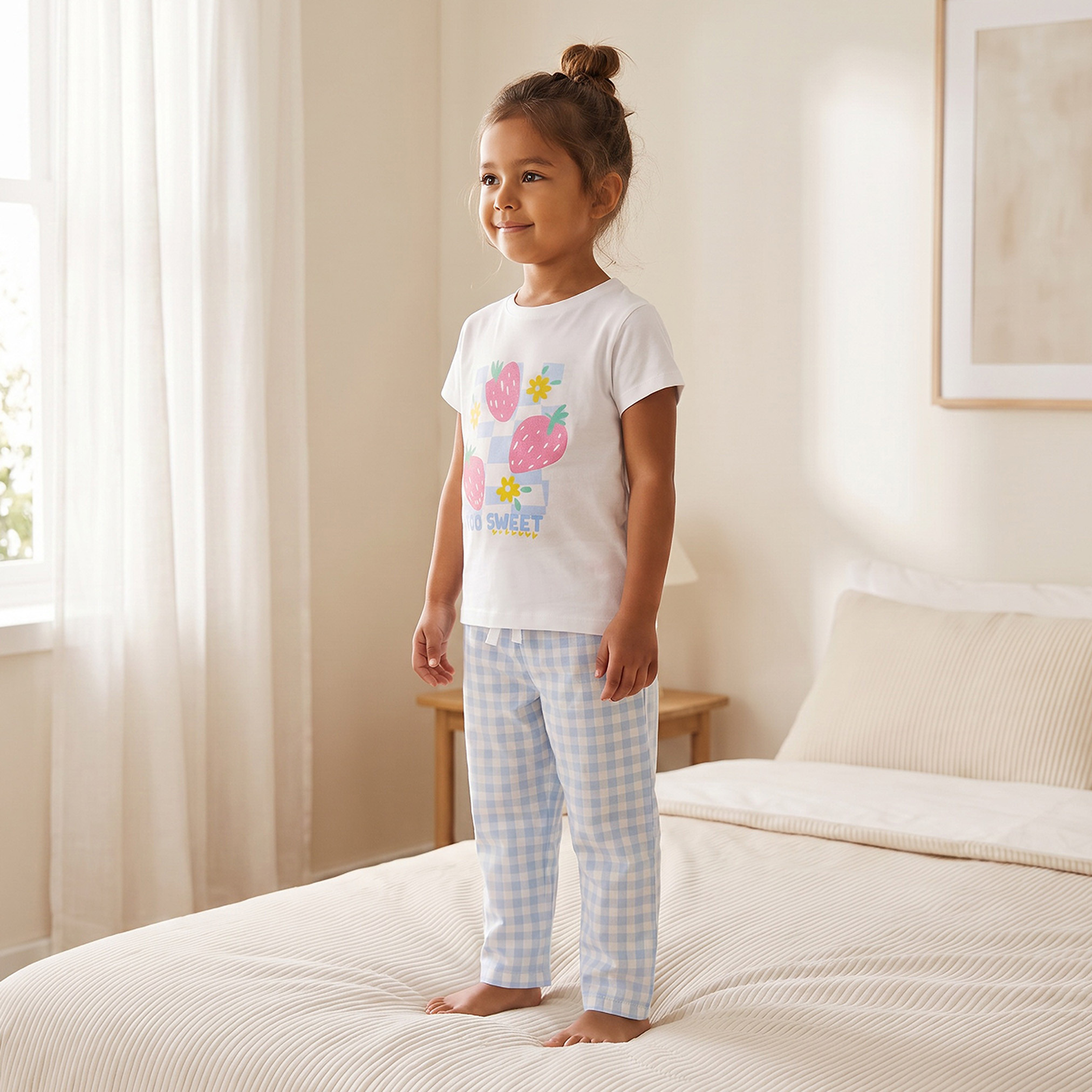 Juniors Cotton Crew Neck Short Sleeves Pyjama Set with Checked Design-girls-clothing-nightwear-image-7