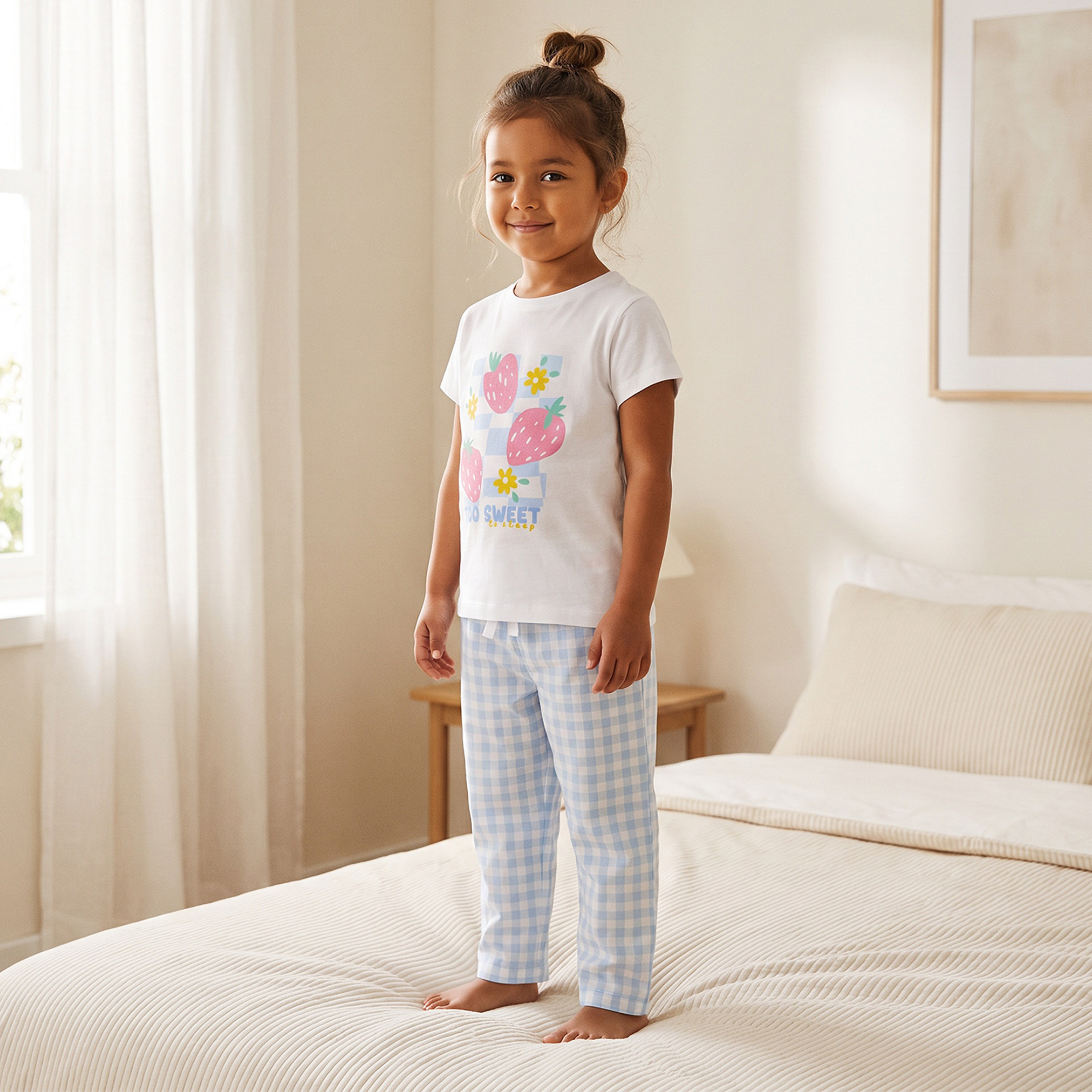 Juniors Cotton Crew Neck Short Sleeves Pyjama Set with Checked Design-girls-clothing-nightwear-image-8