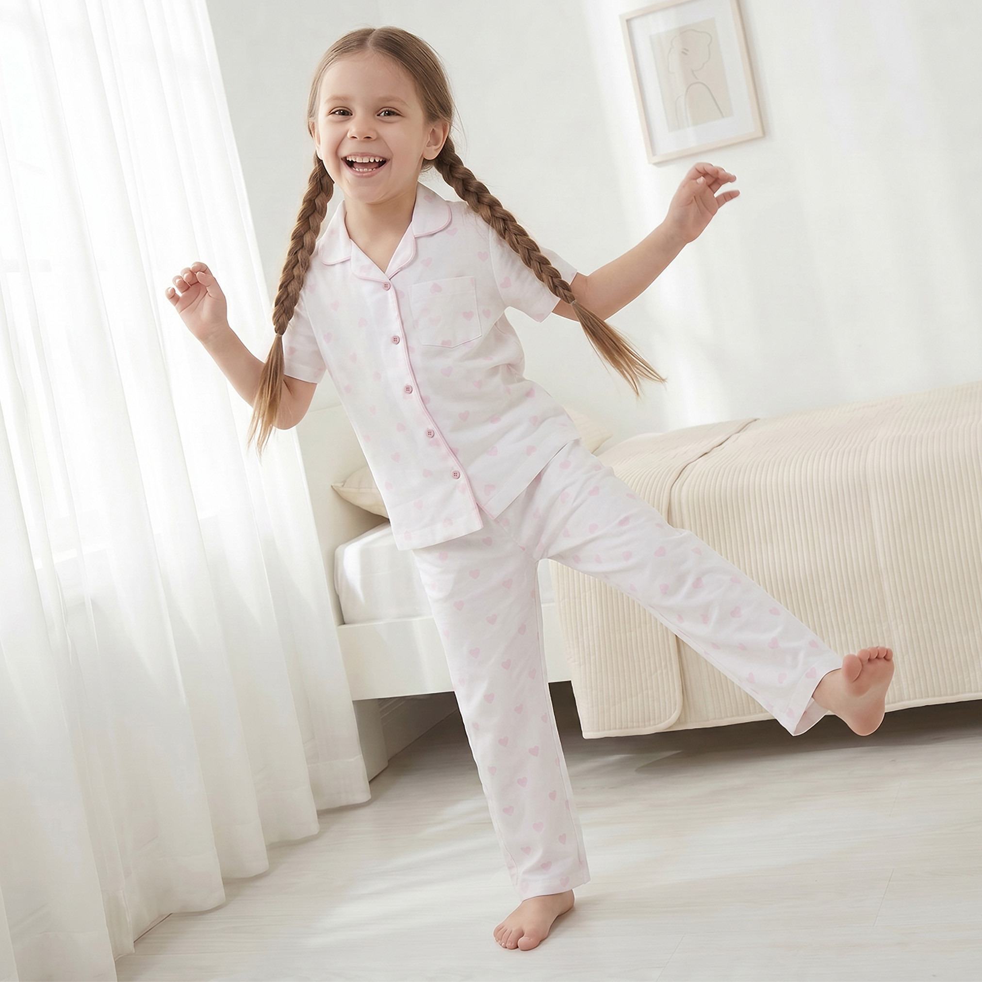 Juniors Cotton Collared Short Sleeves Pyjama Set with Heart Print-girls-clothing-nightwear-image-1