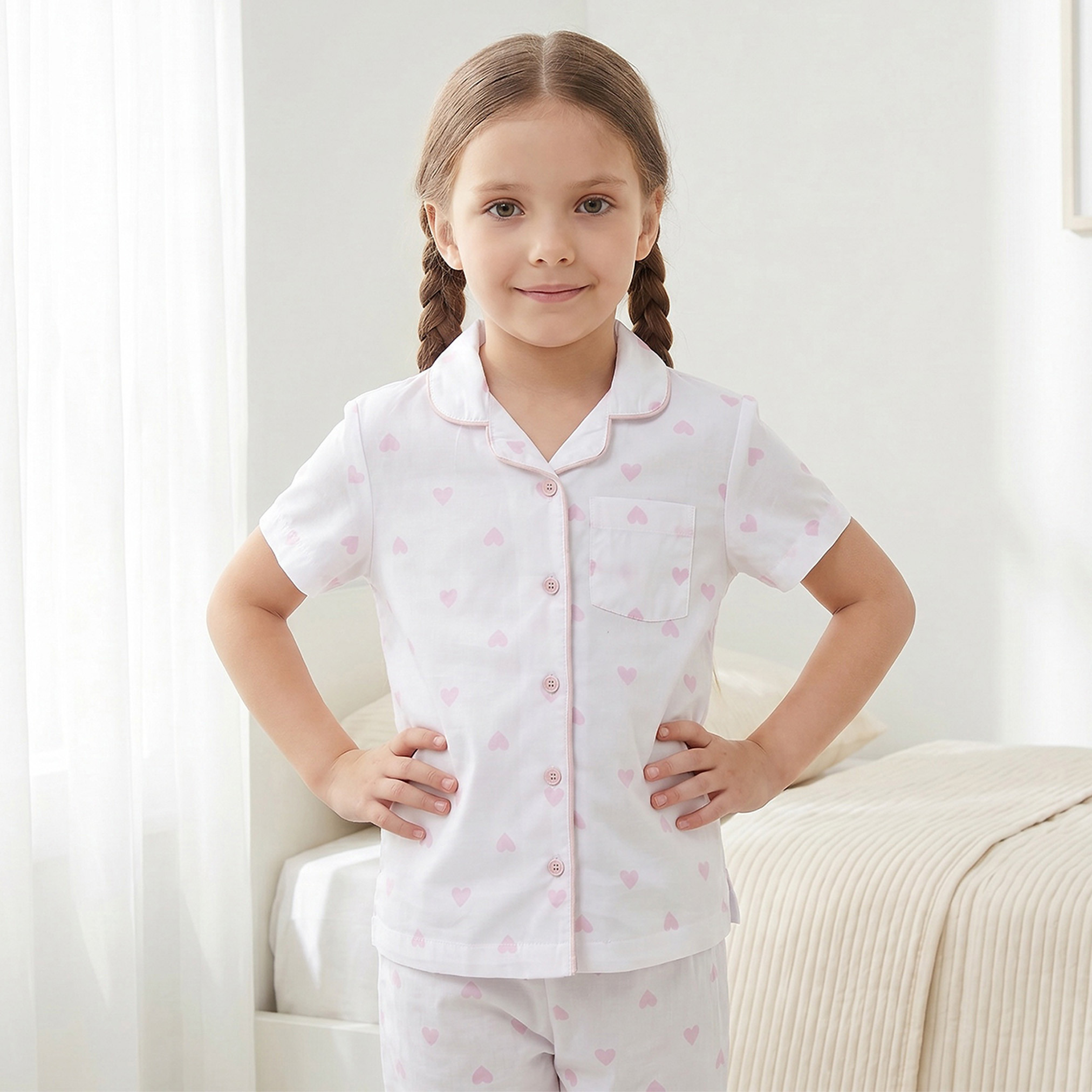 Juniors Cotton Collared Short Sleeves Pyjama Set with Heart Print-girls-clothing-nightwear-image-2
