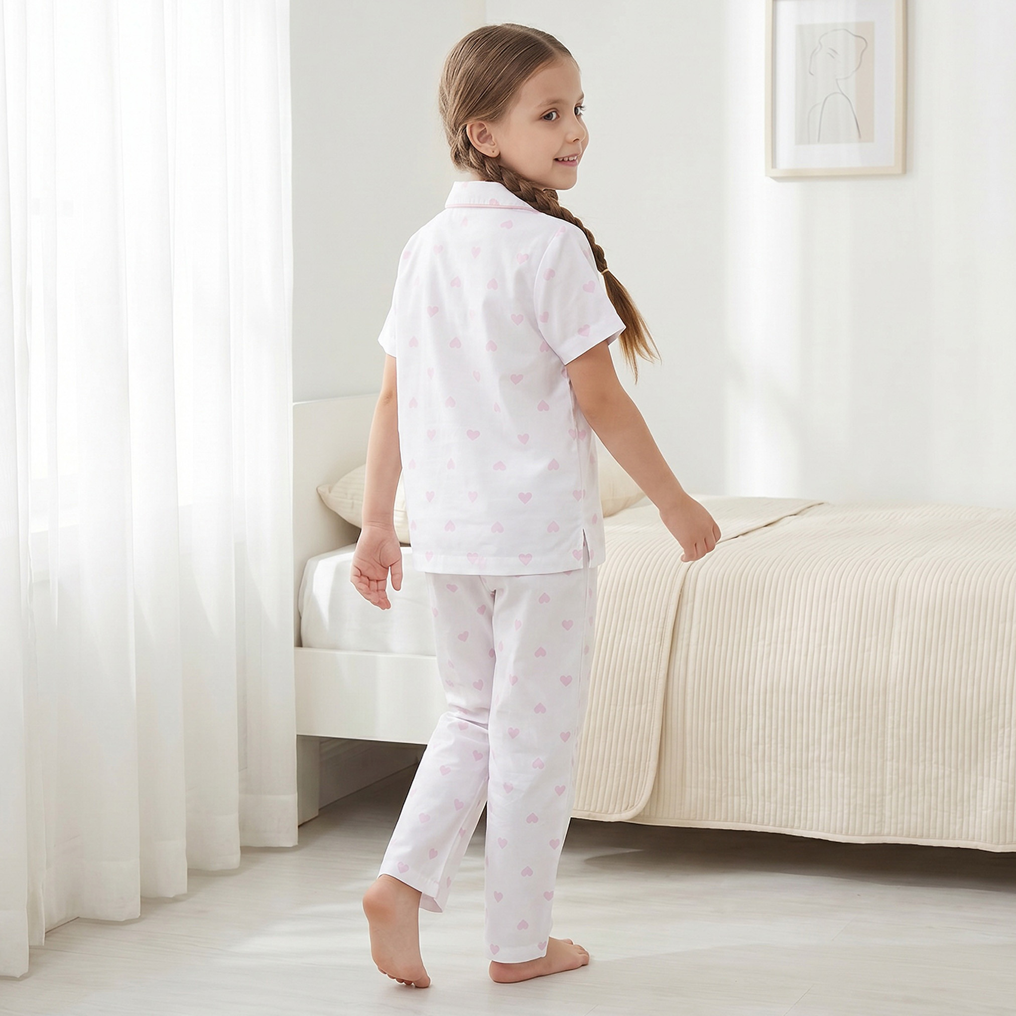 Juniors Cotton Collared Short Sleeves Pyjama Set with Heart Print-girls-clothing-nightwear-image-4