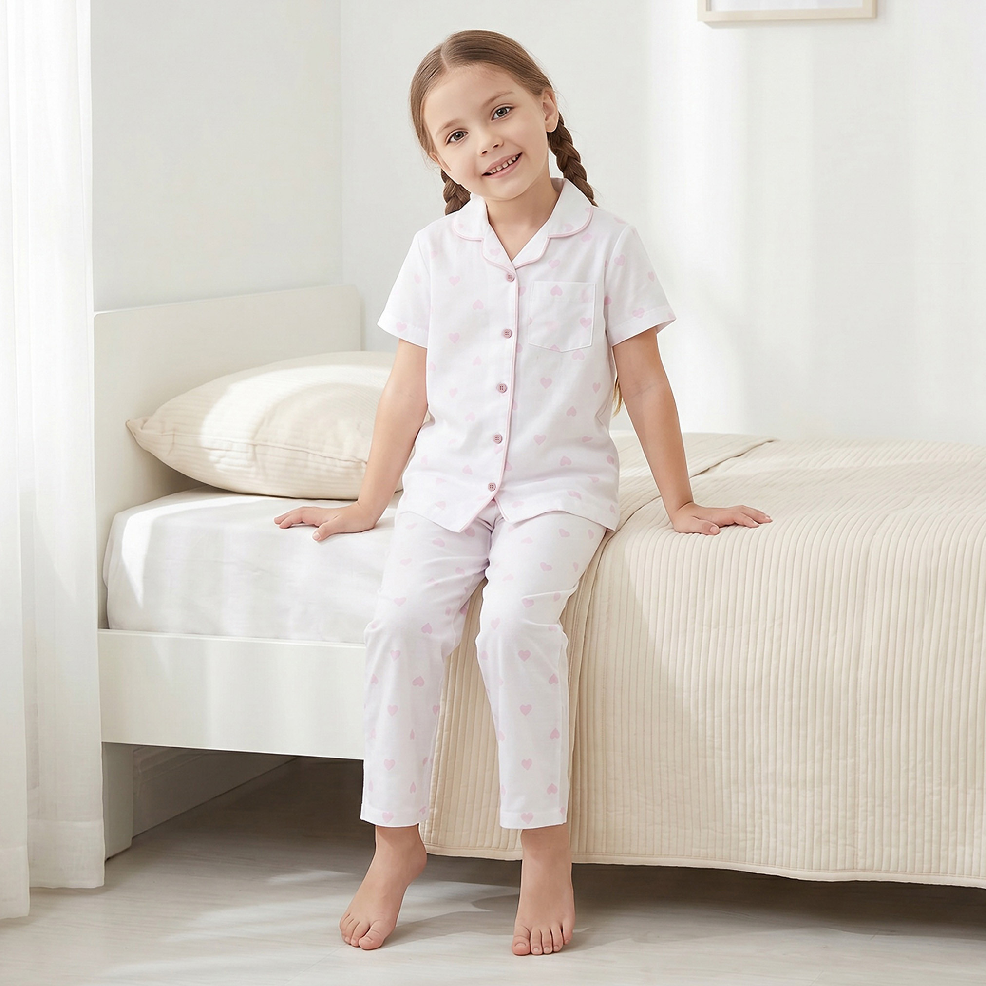 Juniors Cotton Collared Short Sleeves Pyjama Set with Heart Print-girls-clothing-nightwear-image-7