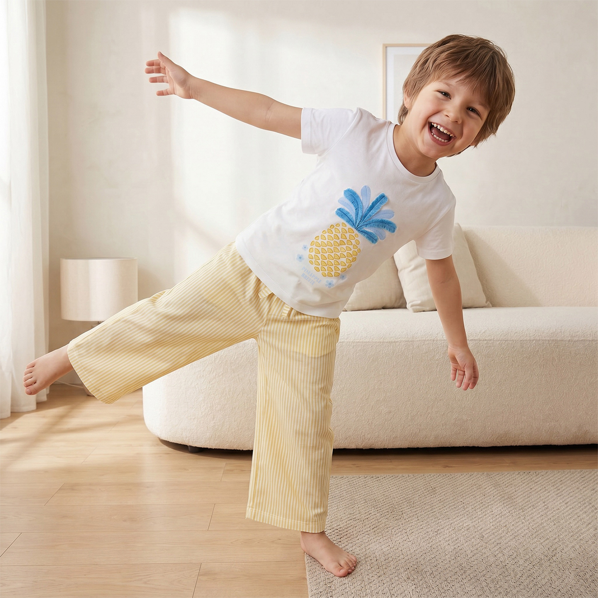 Juniors Cotton Crew Neck Short Sleeves Pyjama Set with Pineapple Print-girls-clothing-nightwear-image-1